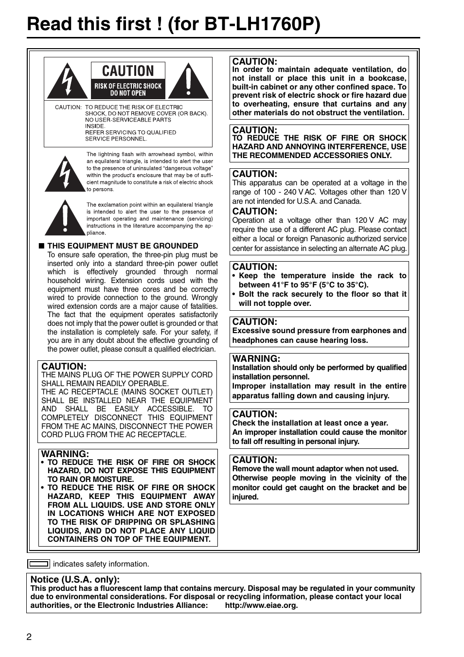 Read this first ! (for bt-lh1760p) | Panasonic BT-LH1760E User Manual | Page 2 / 44