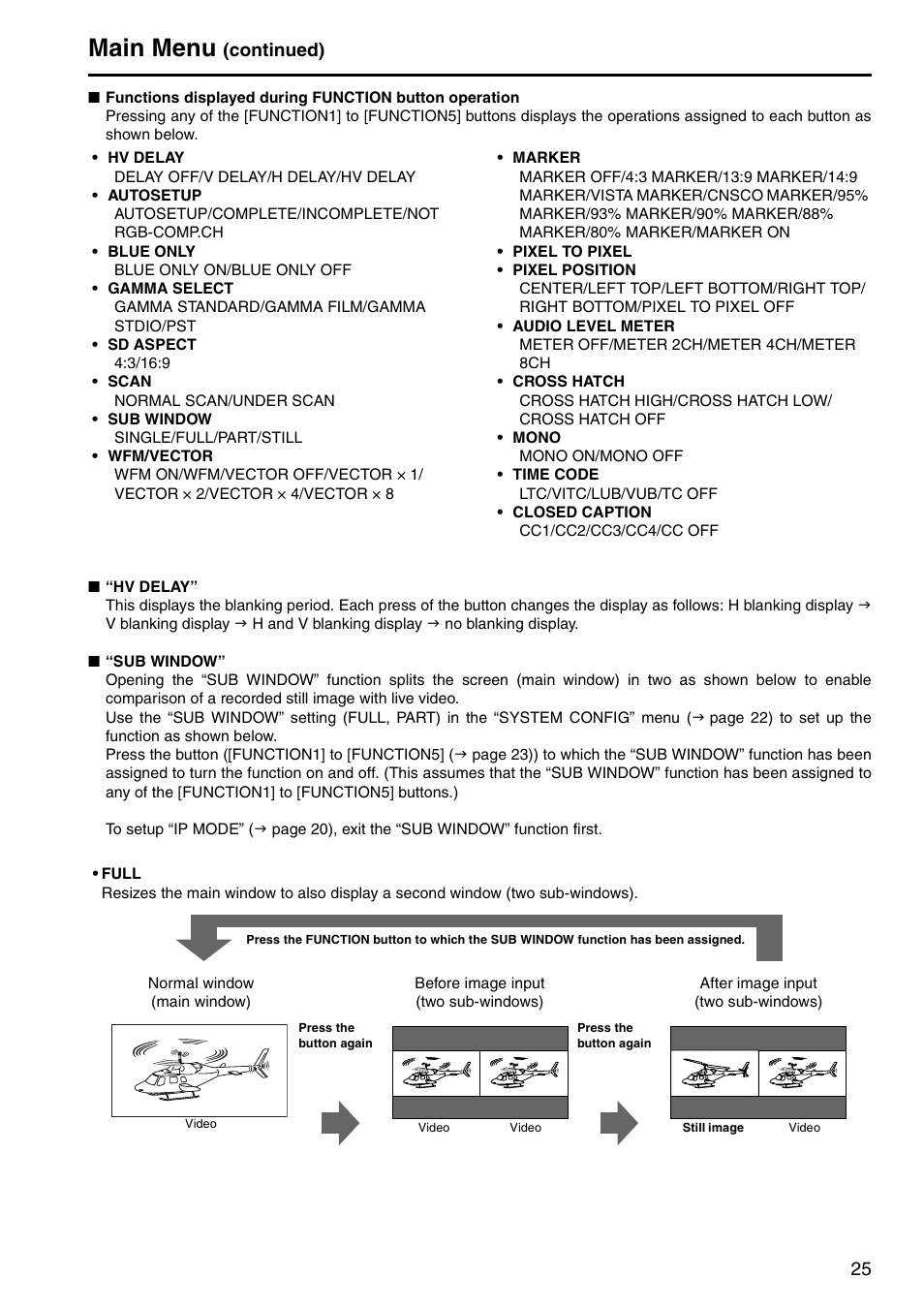 Main menu, Continued) | Panasonic BT-LH1760E User Manual | Page 25 / 44