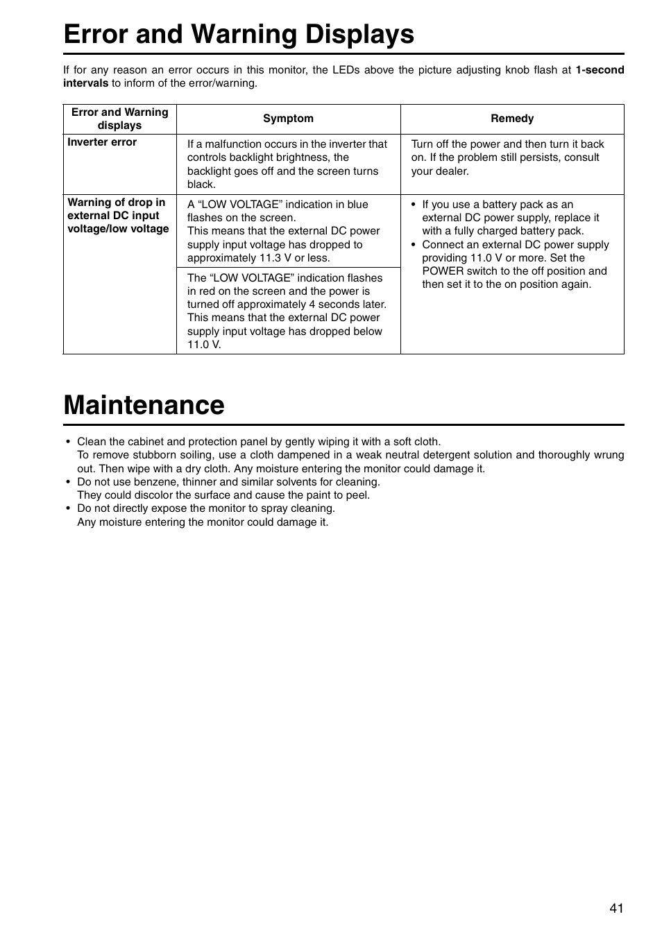 Maintenance, Error and warning displays, 41 maintenance | Panasonic BT-LH1760E User Manual | Page 41 / 44