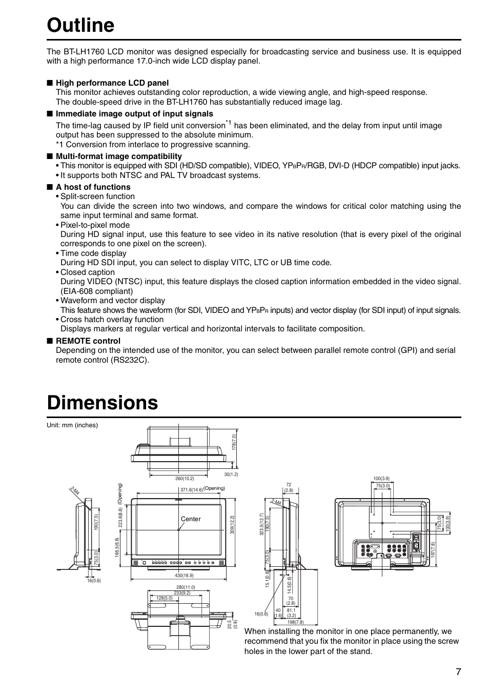 Dimensions, Outline, 7 dimensions | Panasonic BT-LH1760E User Manual | Page 7 / 44