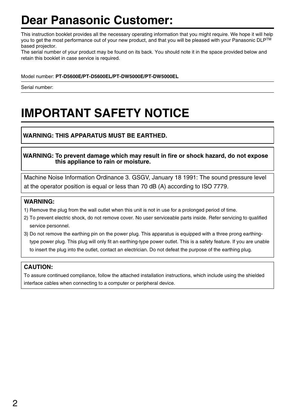 Dear panasonic customer, Important safety notice | Panasonic PT-D5600E User Manual | Page 2 / 60
