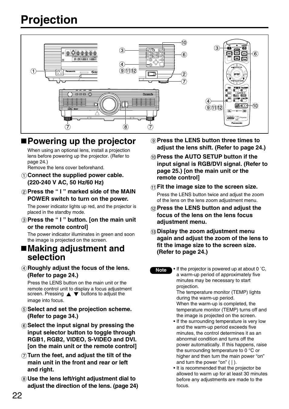 Projection, Powering up the projector, Making adjustment and selection | Panasonic PT-D5600E User Manual | Page 22 / 60