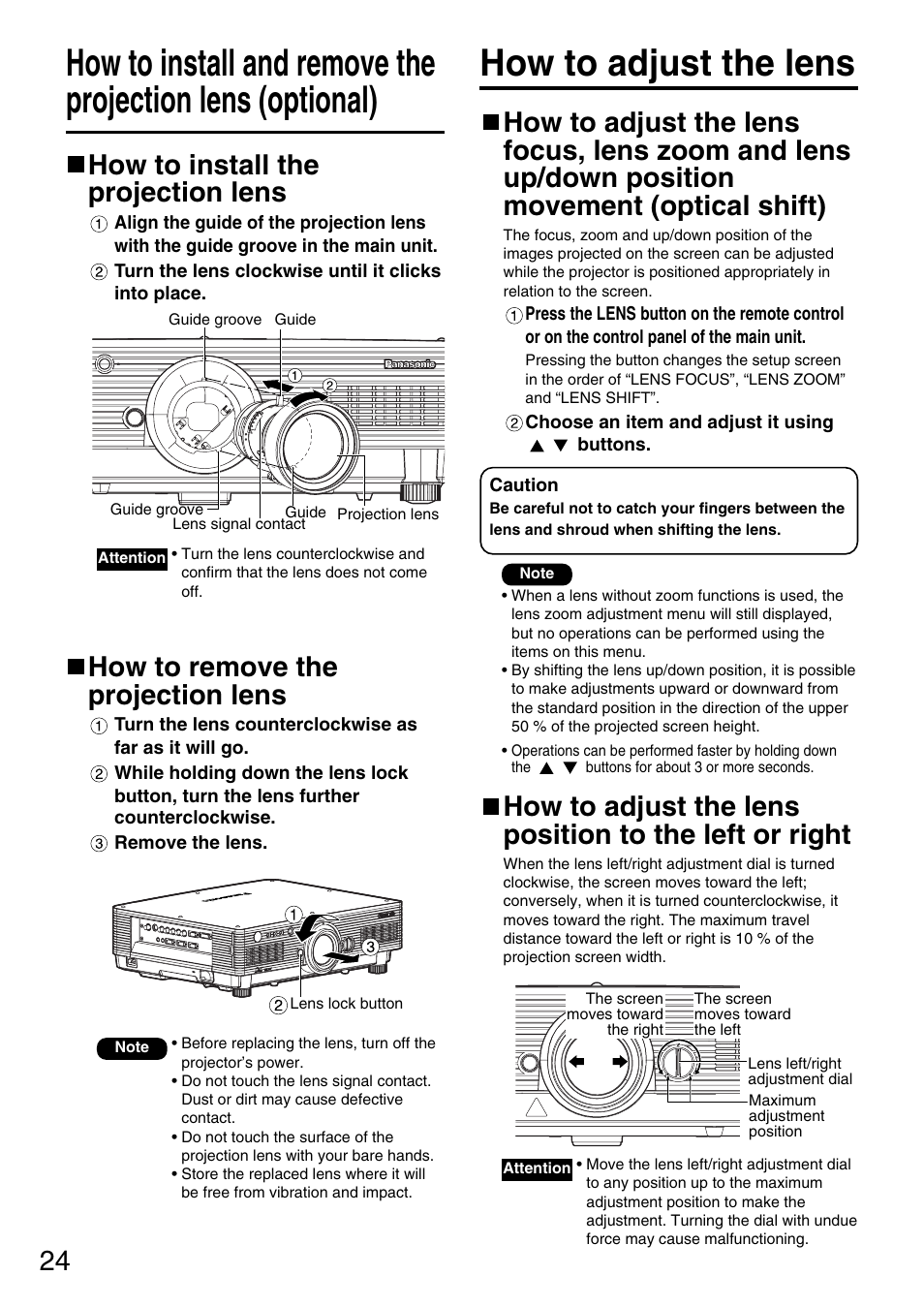 How to install the projection lens, How to remove the projection lens | Panasonic PT-D5600E User Manual | Page 24 / 60