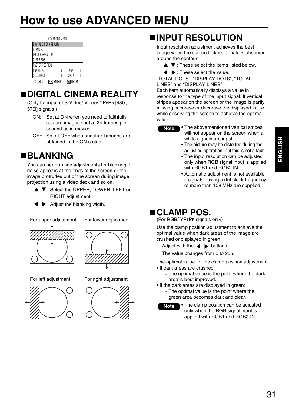 How to use advanced menu, Input resolution, Clamp pos | Digital cinema reality, Blanking | Panasonic PT-D5600E User Manual | Page 31 / 60
