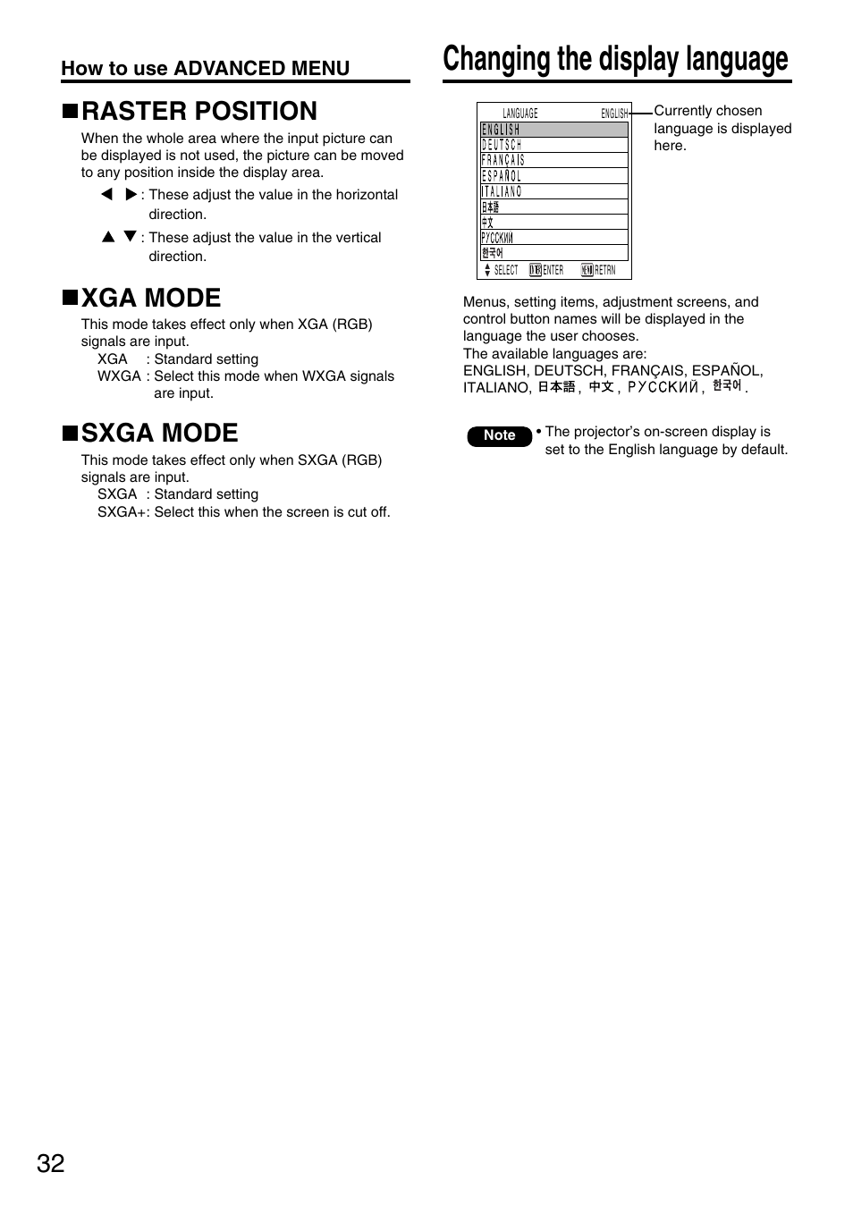Changing the display language, Raster position, Xga mode | Sxga mode, How to use advanced menu | Panasonic PT-D5600E User Manual | Page 32 / 60