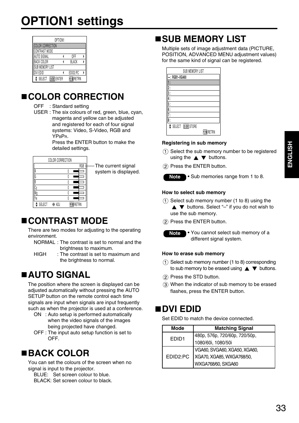 Option1 settings, Color correction, Contrast mode | Auto signal, Back color, Dvi edid | Panasonic PT-D5600E User Manual | Page 33 / 60