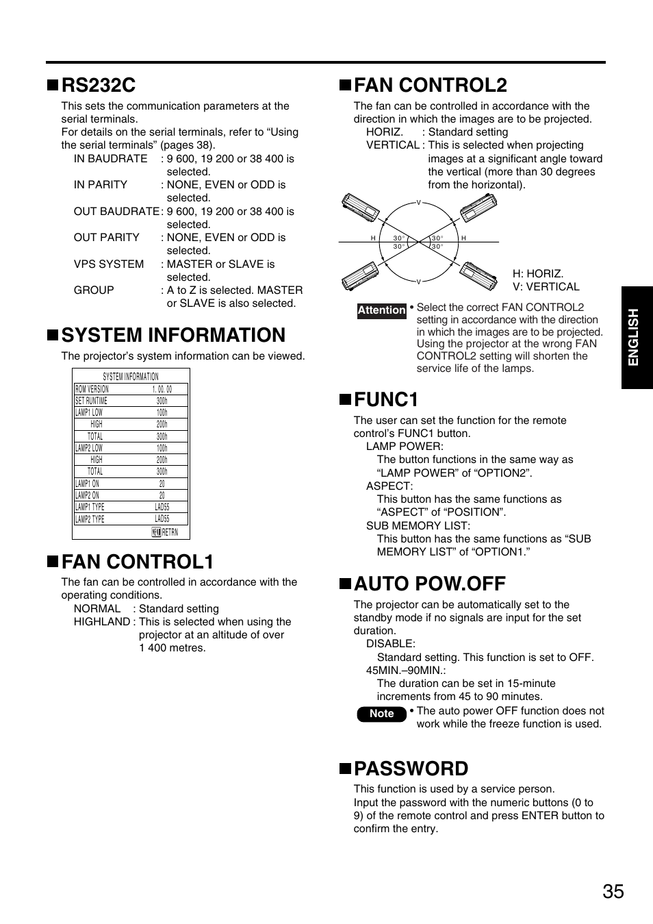 Rs232c, System information, Fan control1 | Fan control2, Func1, Auto pow.off, Password | Panasonic PT-D5600E User Manual | Page 35 / 60