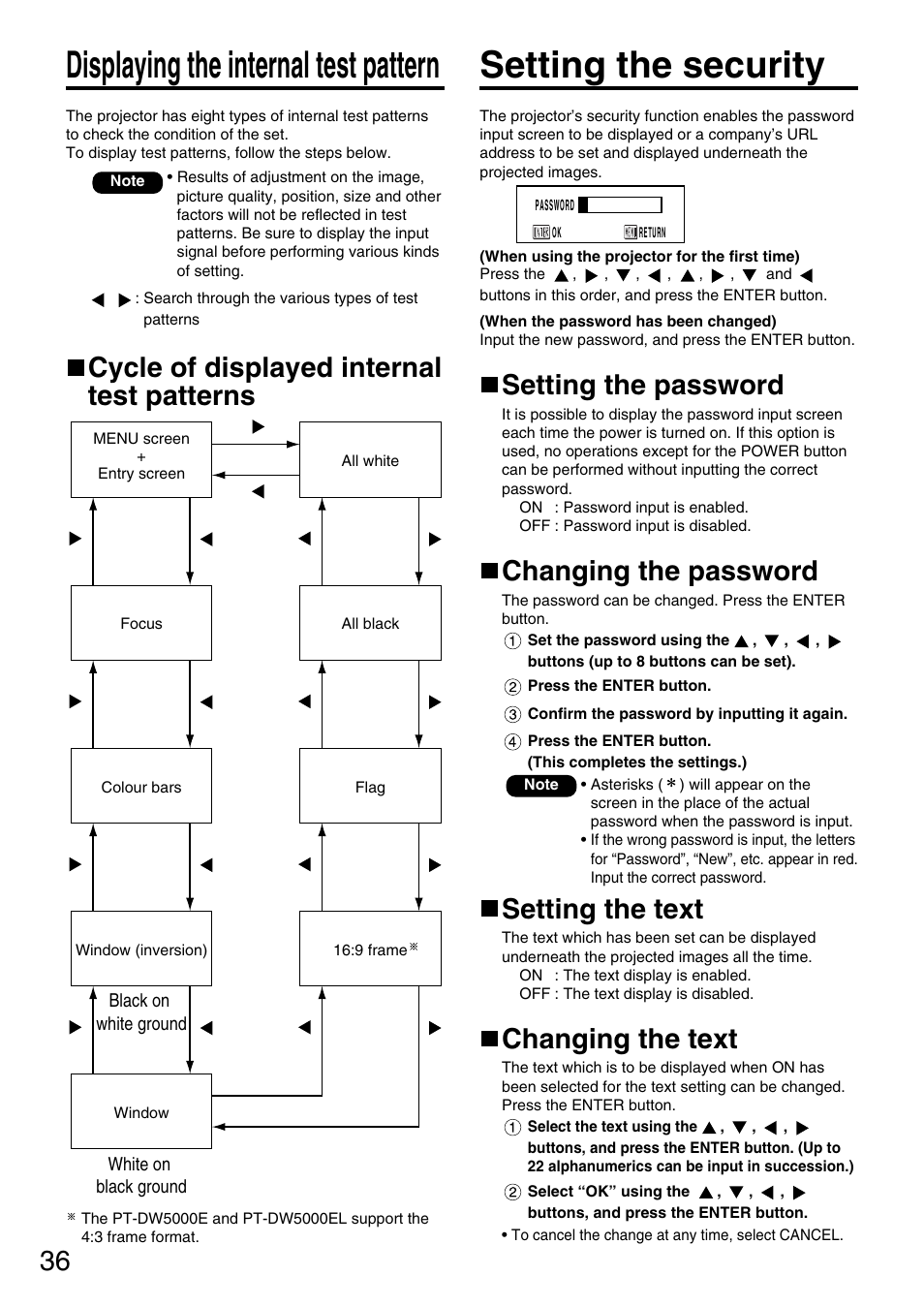 Displaying the internal test pattern, Setting the security, Cycle of displayed internal test patterns | Setting the password, Changing the password, Setting the text, Changing the text | Panasonic PT-D5600E User Manual | Page 36 / 60