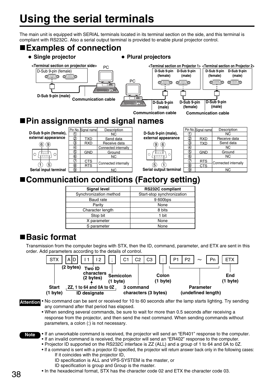 Using the serial terminals, Examples of connection, Single projector plural projectors | Panasonic PT-D5600E User Manual | Page 38 / 60