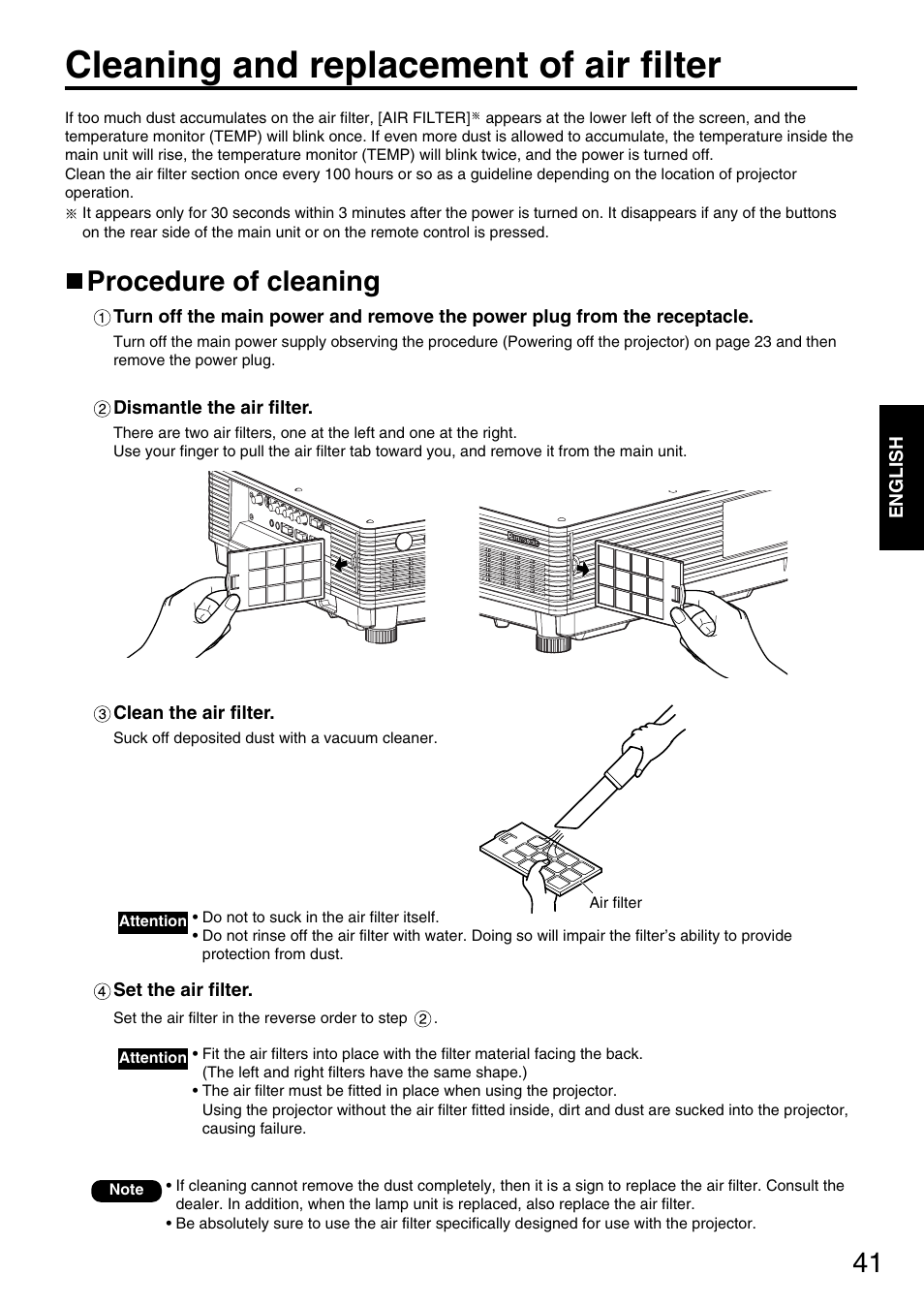 Cleaning and replacement of air filter, Procedure of cleaning | Panasonic PT-D5600E User Manual | Page 41 / 60
