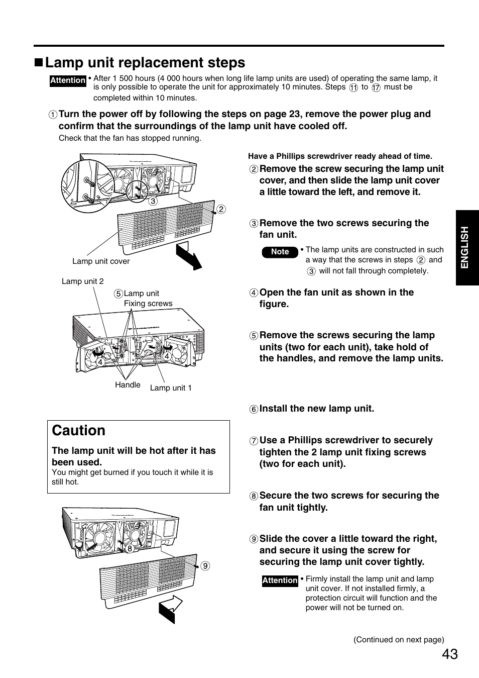 Lamp unit replacement steps, Caution | Panasonic PT-D5600E User Manual | Page 43 / 60