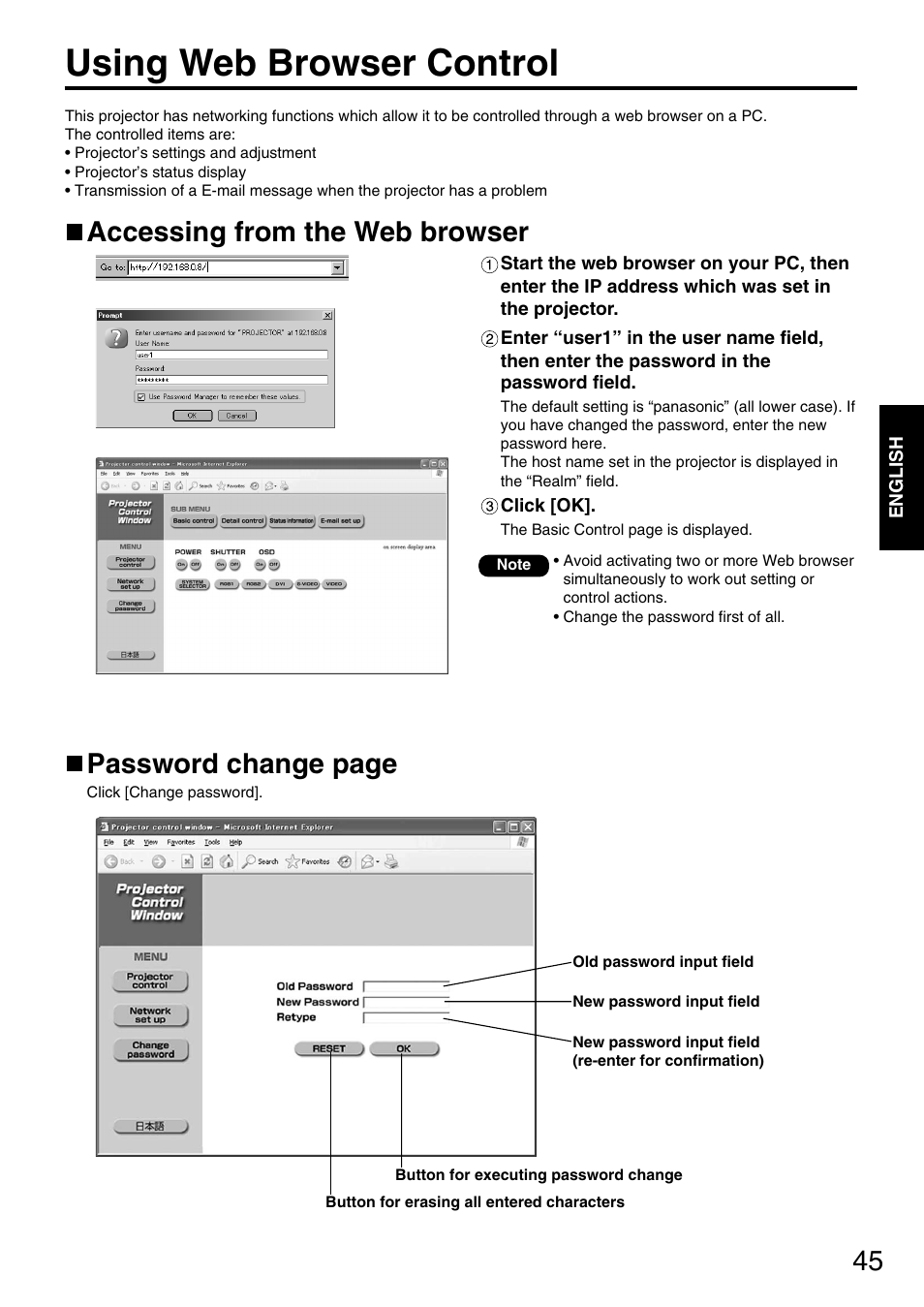 Using web browser control, Accessing from the web browser, Password change page | Panasonic PT-D5600E User Manual | Page 45 / 60