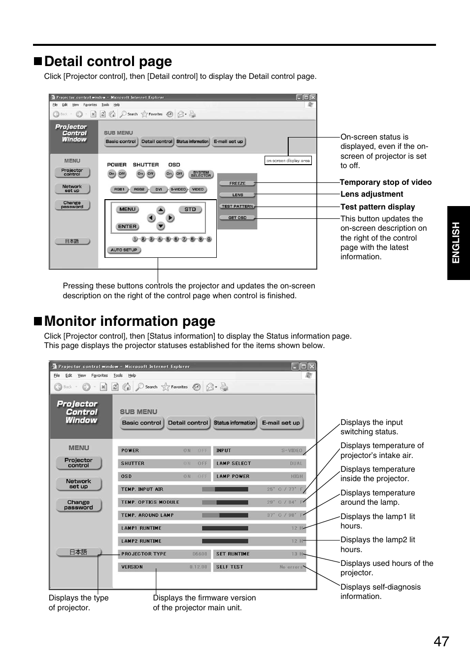 Monitor information page, Detail control page | Panasonic PT-D5600E User Manual | Page 47 / 60