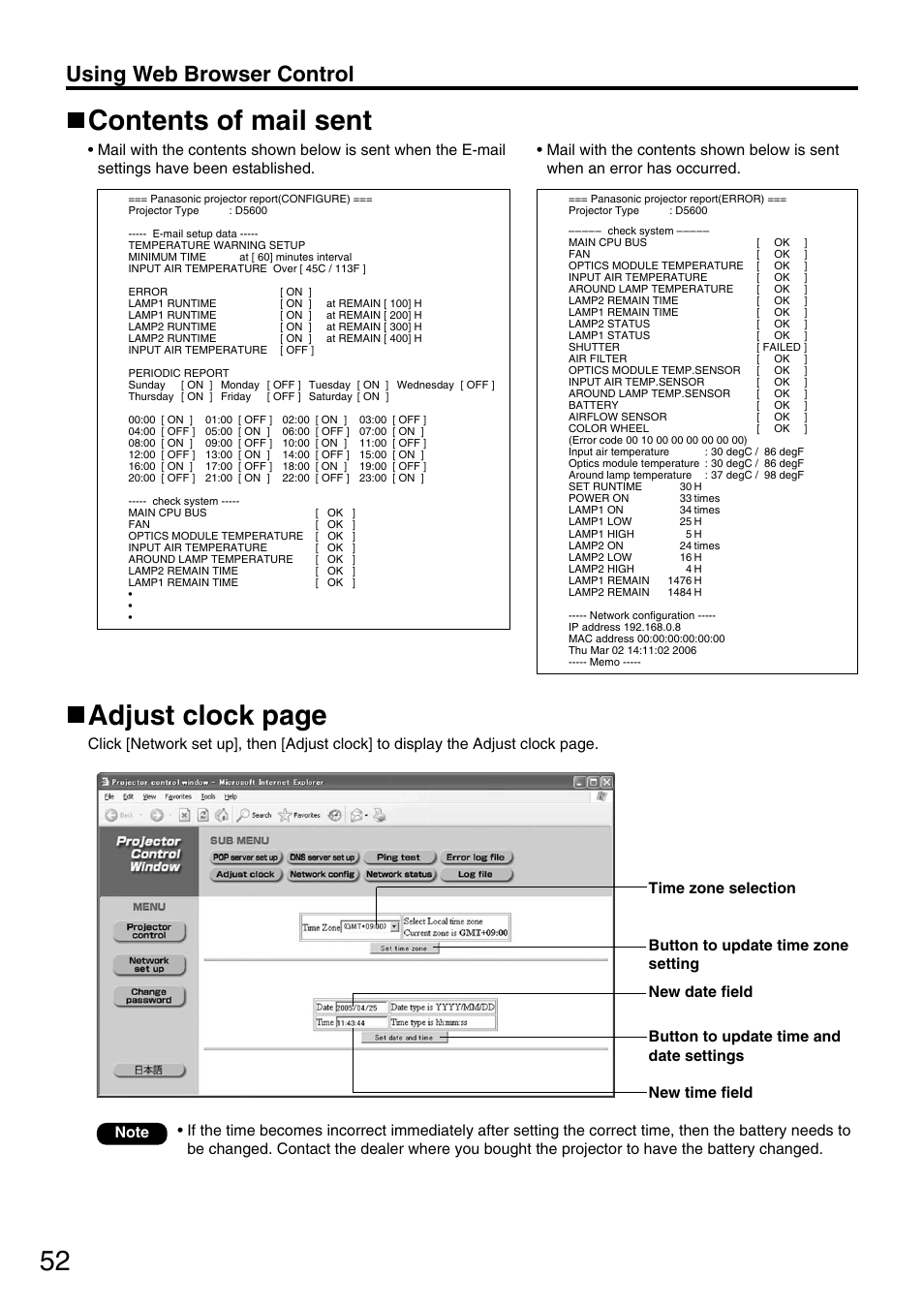 Contents of mail sent, Adjust clock page, Using web browser control | Panasonic PT-D5600E User Manual | Page 52 / 60