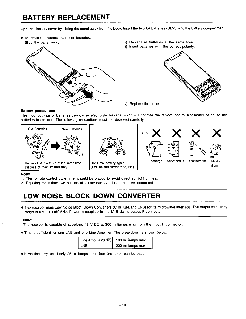 Battery replacement, Battery precautions, Note | Low noise block down converter | Panasonic VideoCipher II Integrated Satellite Receiver/Positioner/Descrambler CRD-4500 User Manual | Page 11 / 32