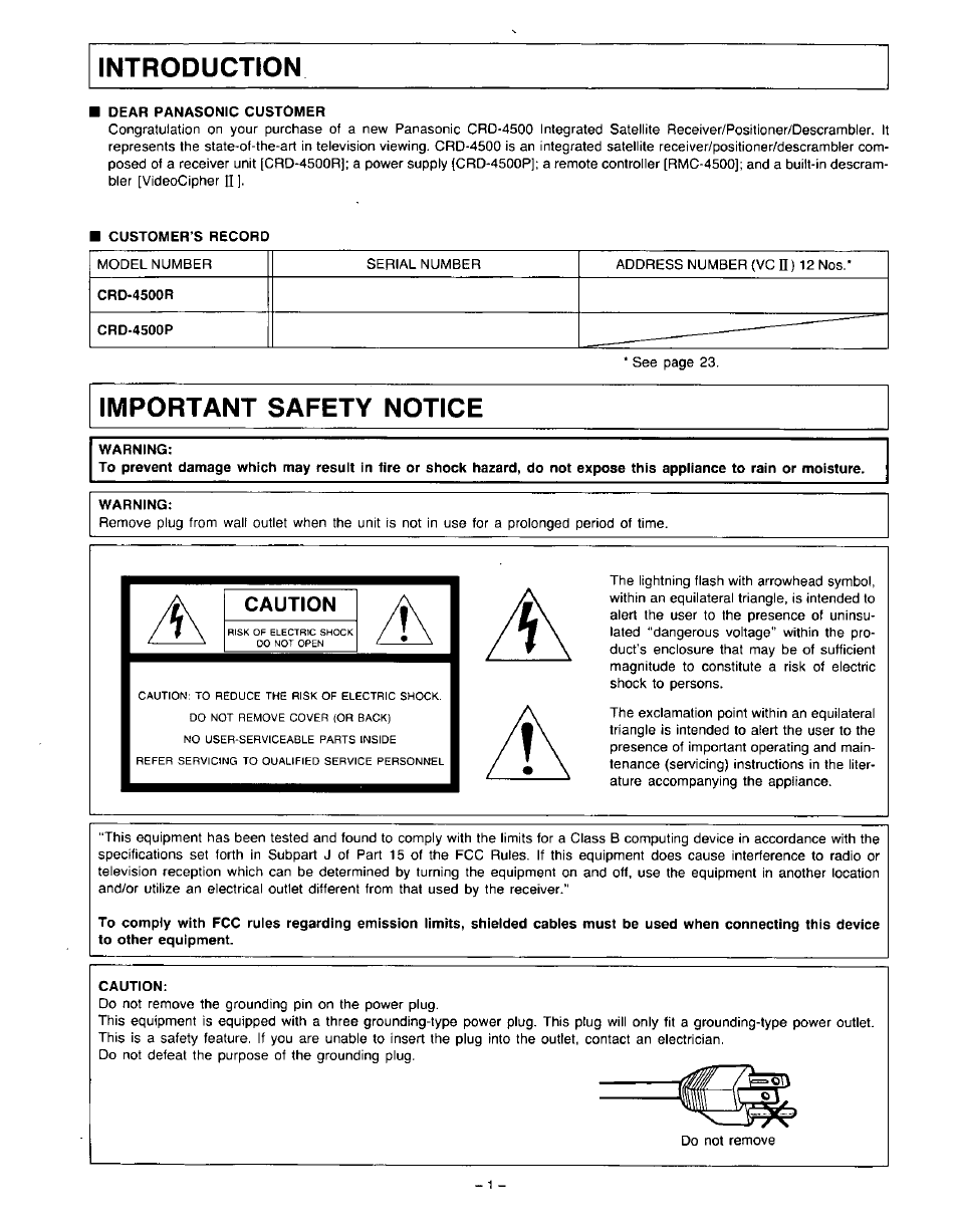 Introduction, Important safety notice, Caution | Panasonic VideoCipher II Integrated Satellite Receiver/Positioner/Descrambler CRD-4500 User Manual | Page 2 / 32