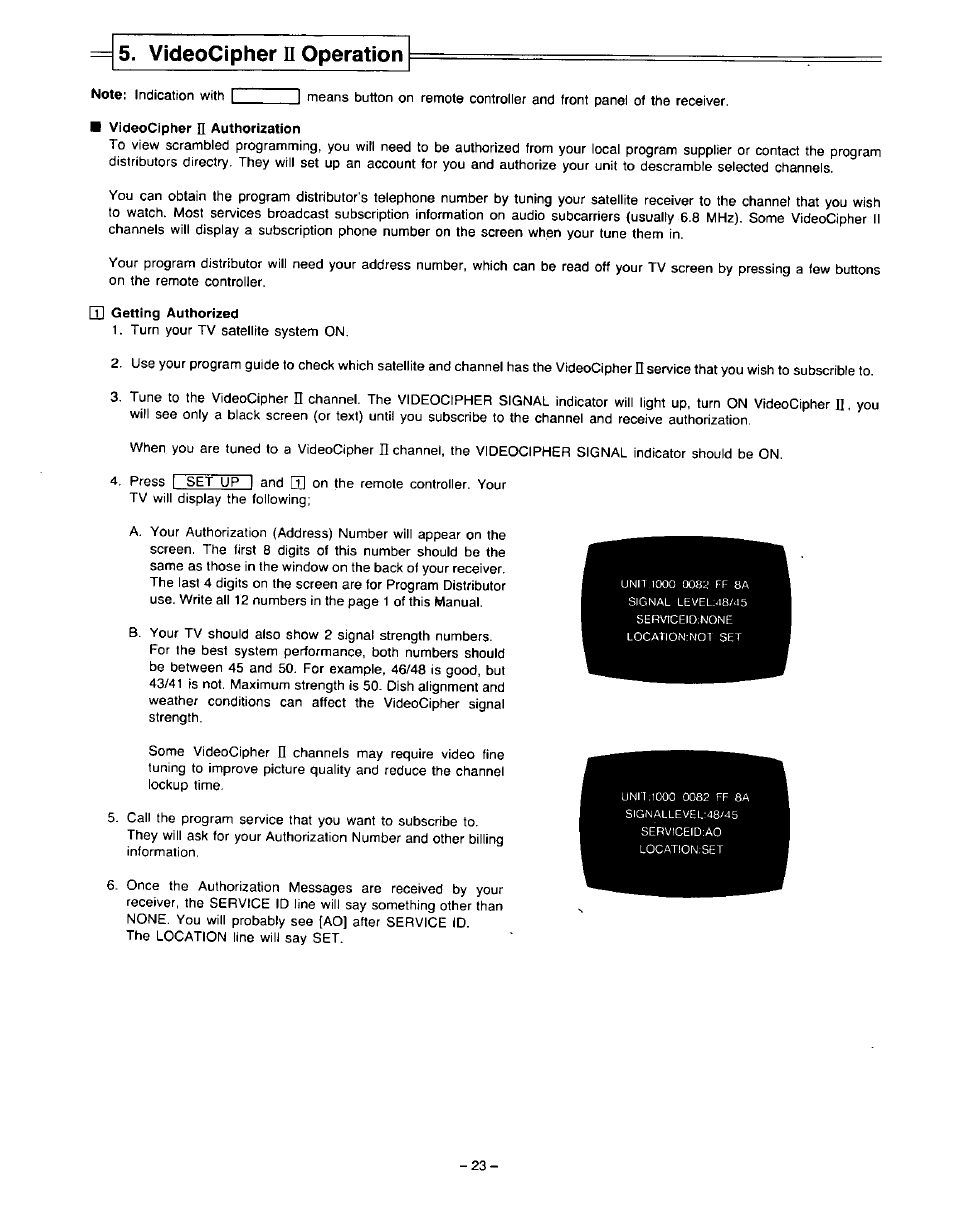 Videocipher n operation, Videocipher ii operation | Panasonic VideoCipher II Integrated Satellite Receiver/Positioner/Descrambler CRD-4500 User Manual | Page 24 / 32