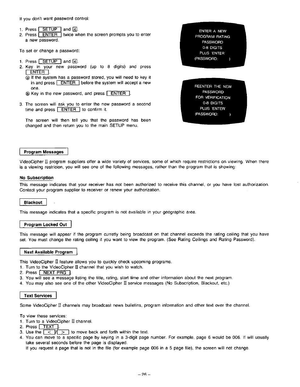 Program messages, Blackout, Program locked out | Next available program, Text services | Panasonic VideoCipher II Integrated Satellite Receiver/Positioner/Descrambler CRD-4500 User Manual | Page 27 / 32