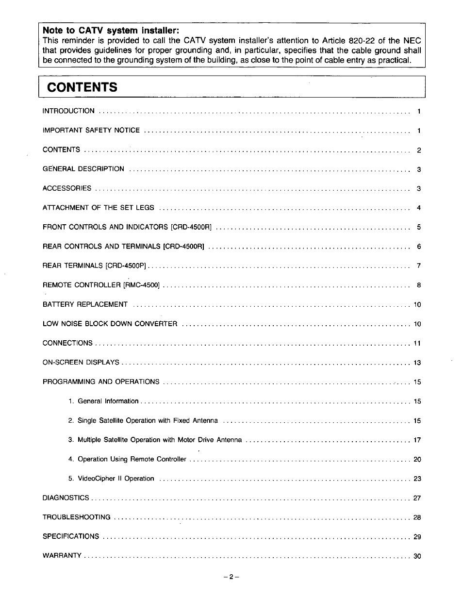 Panasonic VideoCipher II Integrated Satellite Receiver/Positioner/Descrambler CRD-4500 User Manual | Page 3 / 32