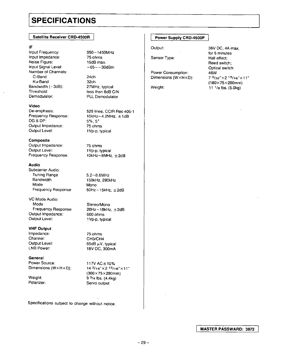 Specifications | Panasonic VideoCipher II Integrated Satellite Receiver/Positioner/Descrambler CRD-4500 User Manual | Page 30 / 32