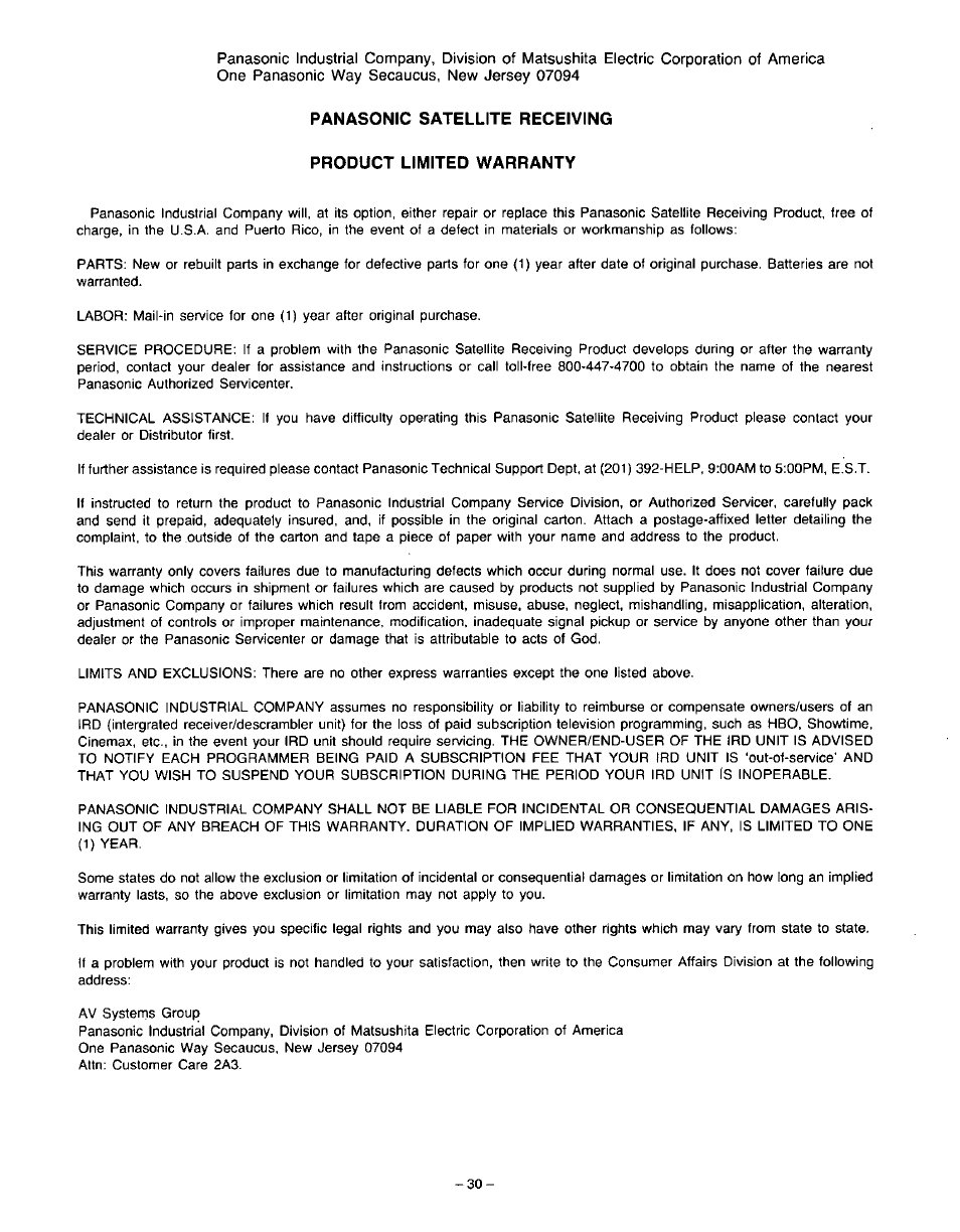 Panasonic VideoCipher II Integrated Satellite Receiver/Positioner/Descrambler CRD-4500 User Manual | Page 31 / 32