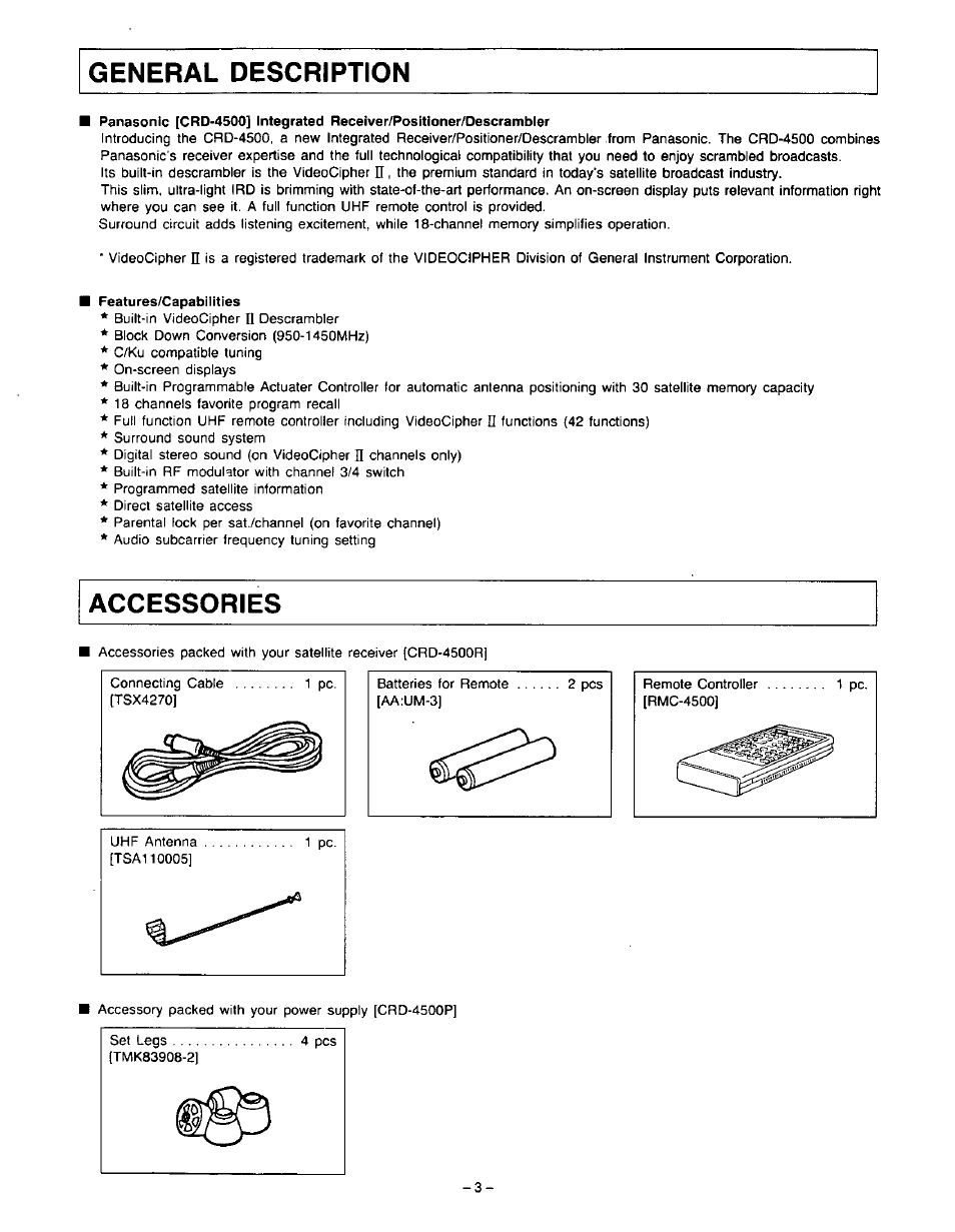 General description, Features/capabilities, Accessories | Panasonic VideoCipher II Integrated Satellite Receiver/Positioner/Descrambler CRD-4500 User Manual | Page 4 / 32