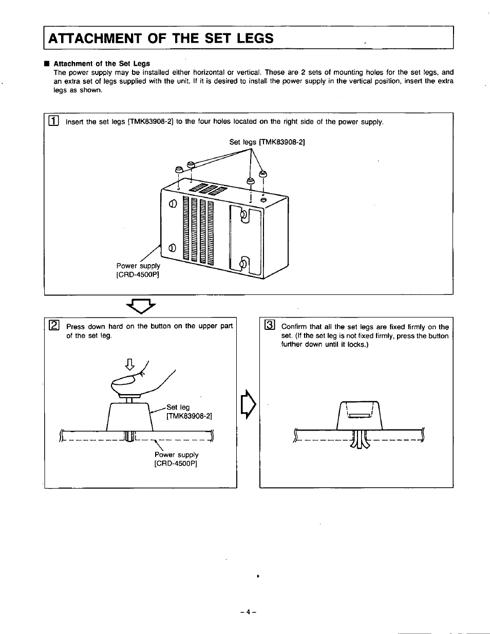 Attachment of the set legs | Panasonic VideoCipher II Integrated Satellite Receiver/Positioner/Descrambler CRD-4500 User Manual | Page 5 / 32