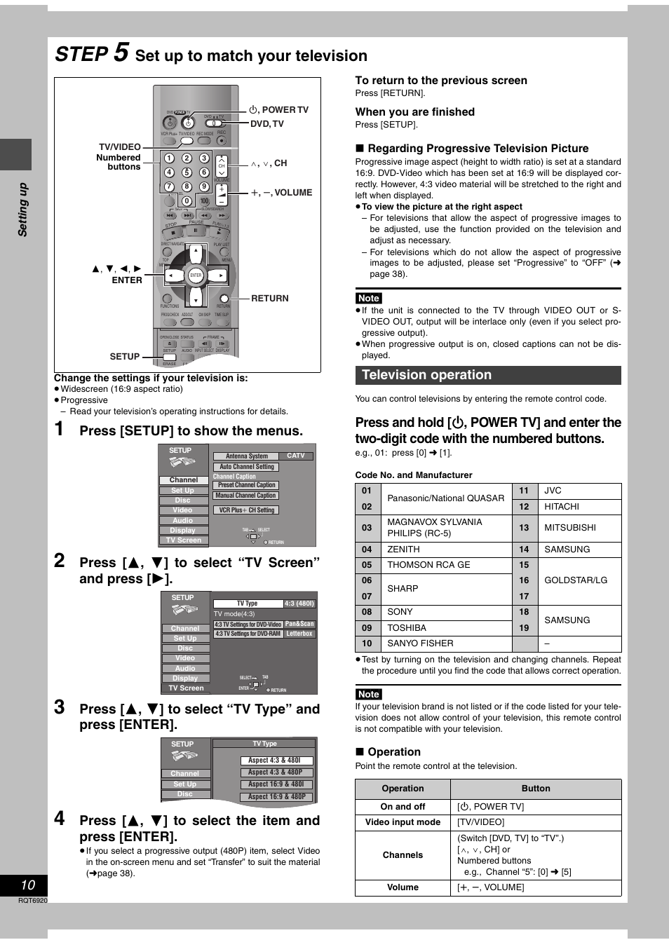 Step 5 set up to match your television, Step, Set up to match your television | Press [setup] to show the menus, Television operation | Panasonic DMR E50 User Manual | Page 10 / 64