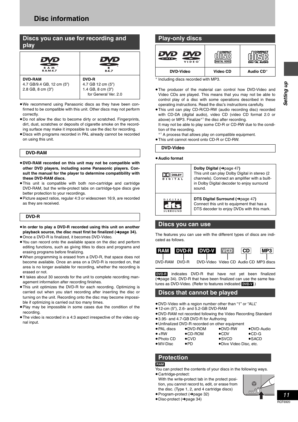 Disc information, Ram] [dvd-r] [dvd-v] [vcd] [cd] [mp3, Discs you can use for recording and play | Play-only discs | Panasonic DMR E50 User Manual | Page 11 / 64