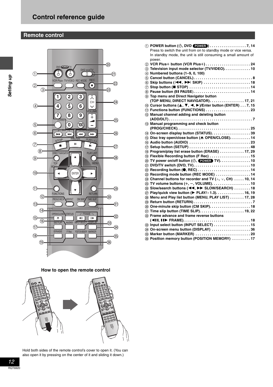 Control reference guide, Remote control | Panasonic DMR E50 User Manual | Page 12 / 64