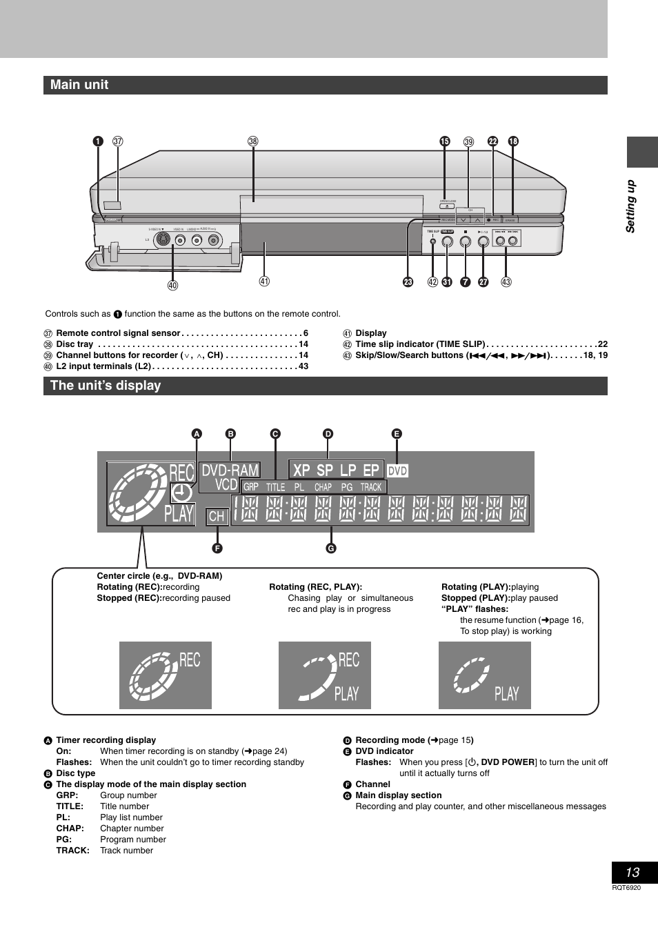 Main unit, The unit’s display, U1 v y x ? f b o 7 k z | Se tt ing up | Panasonic DMR E50 User Manual | Page 13 / 64