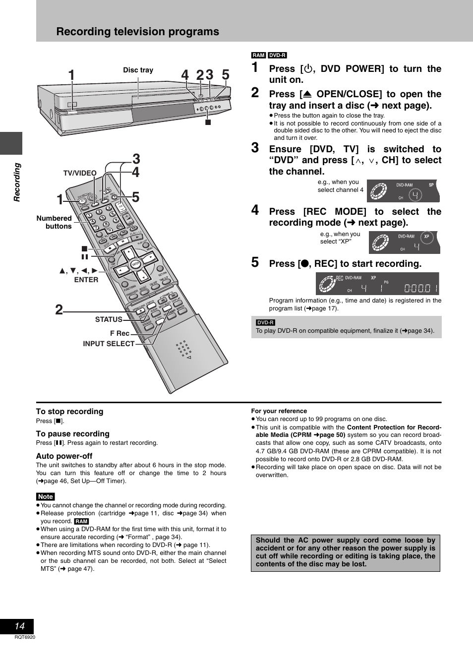 Recording, Recording television programs, Press [ í , dvd power] to turn the unit on | Press [ ¥ , rec] to start recording | Panasonic DMR E50 User Manual | Page 14 / 64