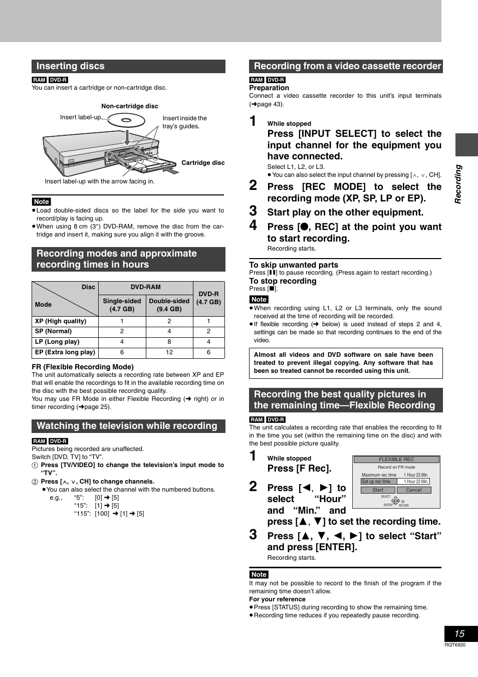 Start play on the other equipment, Press [f rec, Watching the television while recording | Recording from a video cassette recorder | Panasonic DMR E50 User Manual | Page 15 / 64