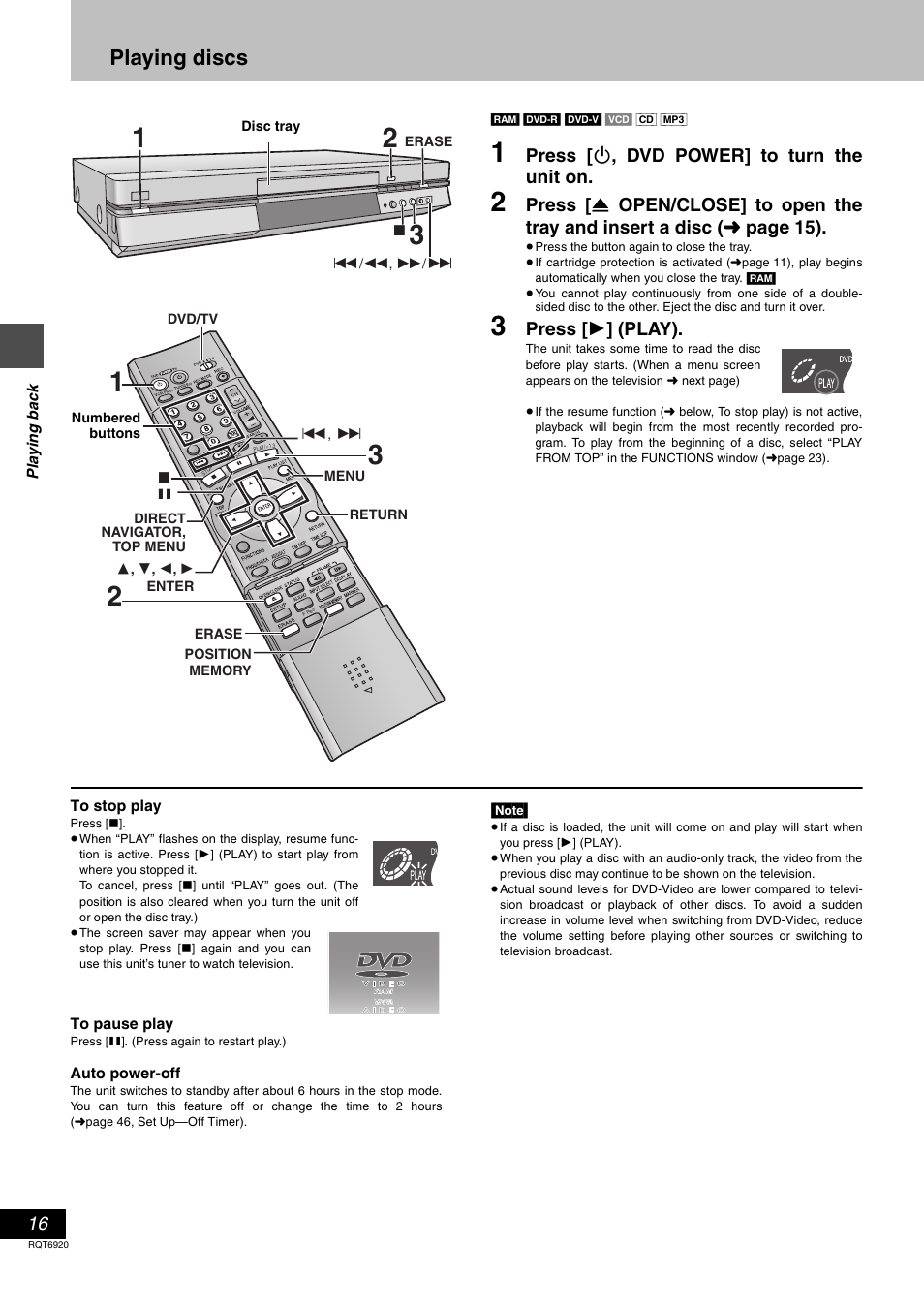 Playing back, Playing discs, Press [ í , dvd power] to turn the unit on | Press [ 1 ] (play) | Panasonic DMR E50 User Manual | Page 16 / 64