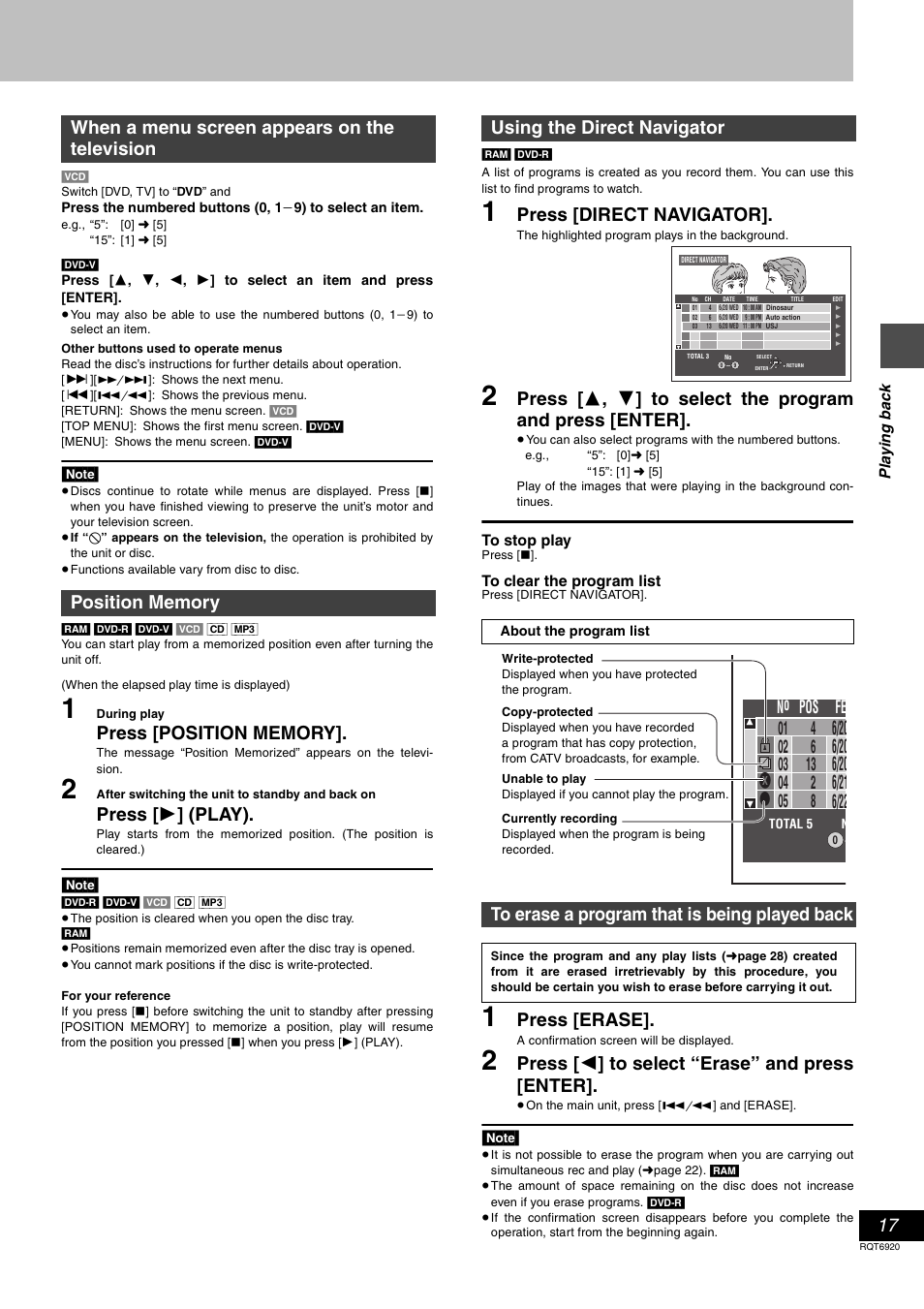 Press [ 1 ] (play), Press [direct navigator, Press [erase | Press [ 2 ] to select “erase” and press [enter, No fe pos | Panasonic DMR E50 User Manual | Page 17 / 64