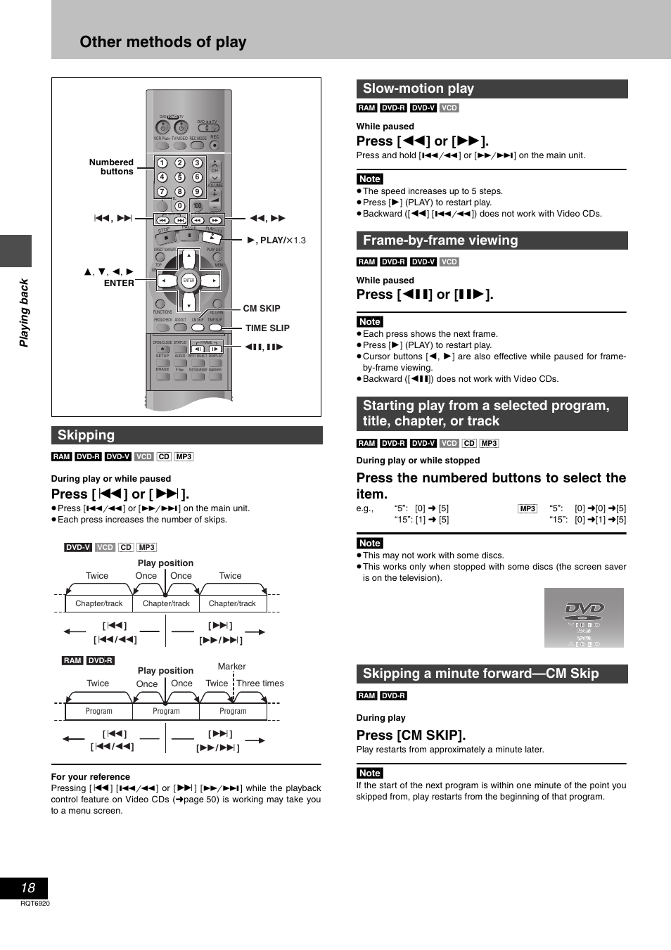 Other methods of play, Press [ : ] or [ 9, Press [ 6 ] or [ 5 | Press [ 2; ] or [ ;1, Press the numbered buttons to select the item, Press [cm skip, Skipping | Panasonic DMR E50 User Manual | Page 18 / 64