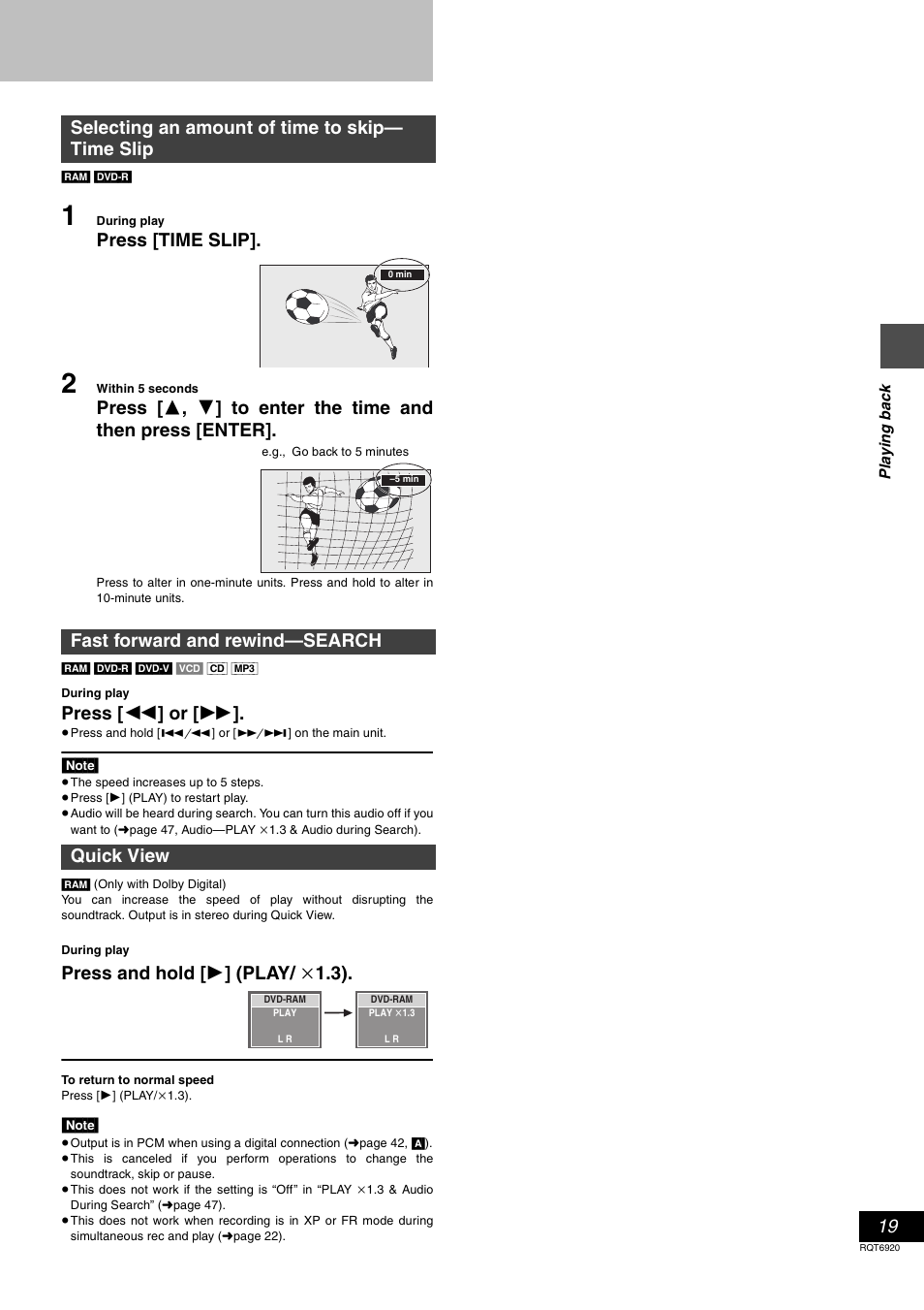 Press [time slip, Press [ 6 ] or [ 5, Press and hold [ 1 ] (play/ k 1.3) | Panasonic DMR E50 User Manual | Page 19 / 64