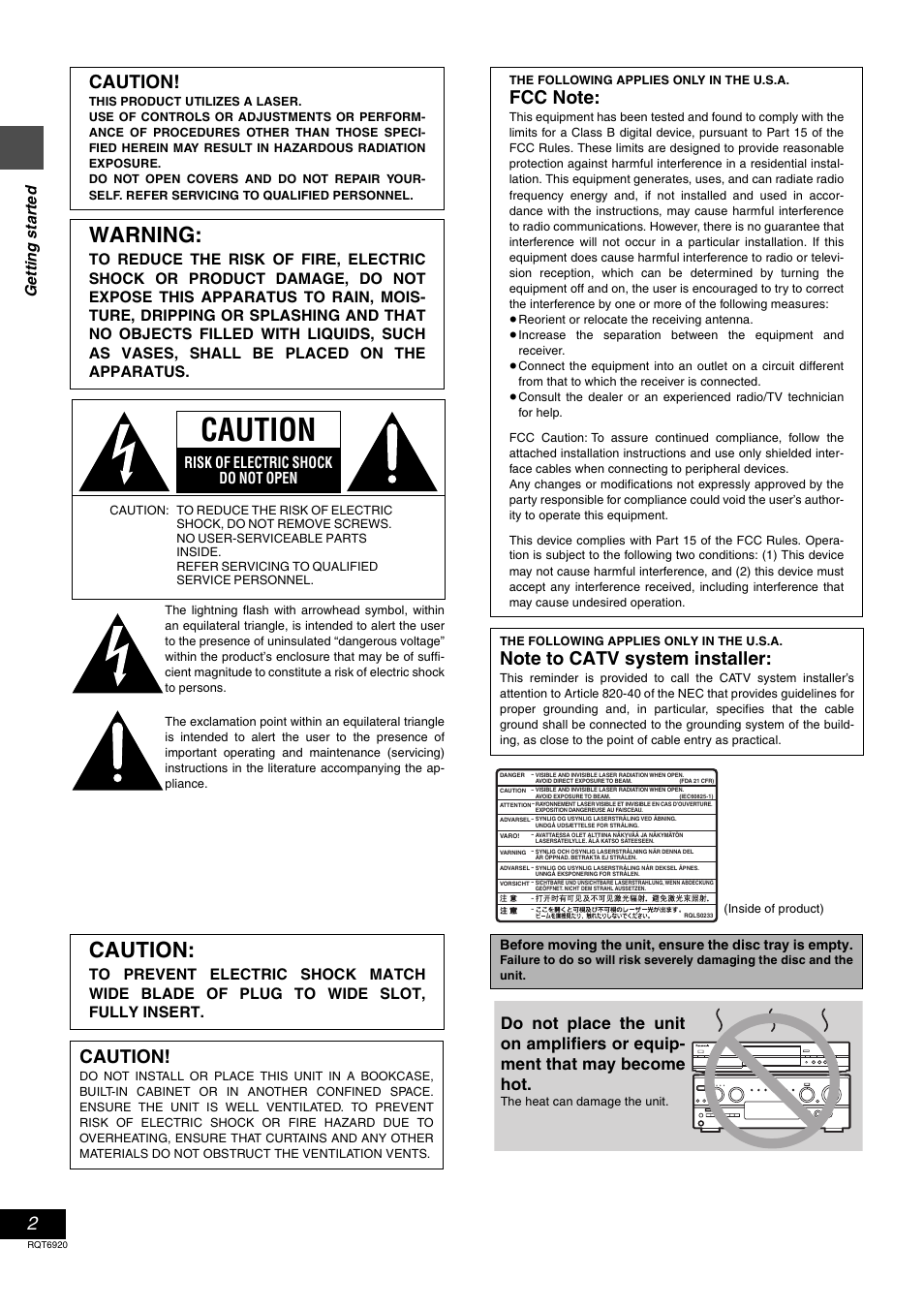 Warning, Caution, Risk of electric shock do not open | Ge tt in g s ta rte d | Panasonic DMR E50 User Manual | Page 2 / 64