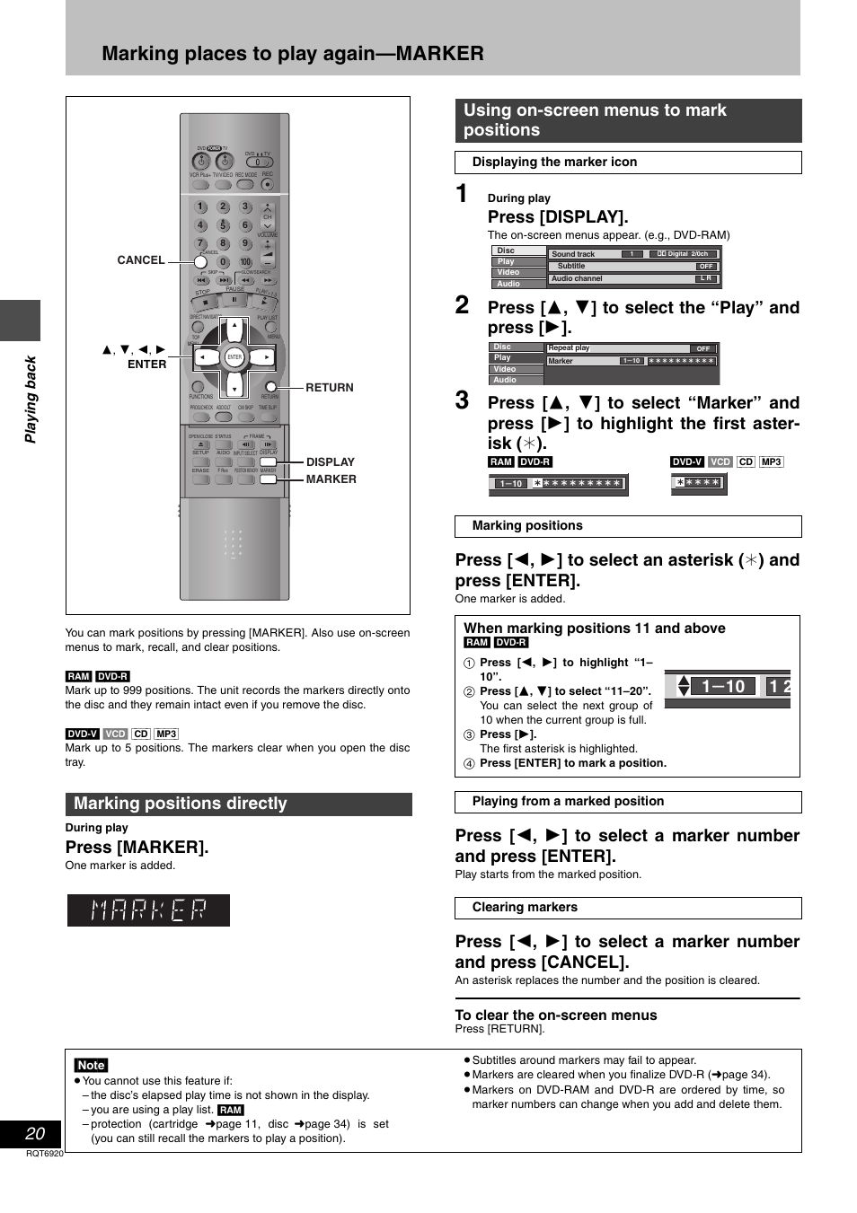Marking places to play again - marker, Marking places to play again—marker, Press [marker | Press [display, Press [ 3 , 4 ] to select the “play” and press [ 1, Marking positions directly, Using on-screen menus to mark positions | Panasonic DMR E50 User Manual | Page 20 / 64