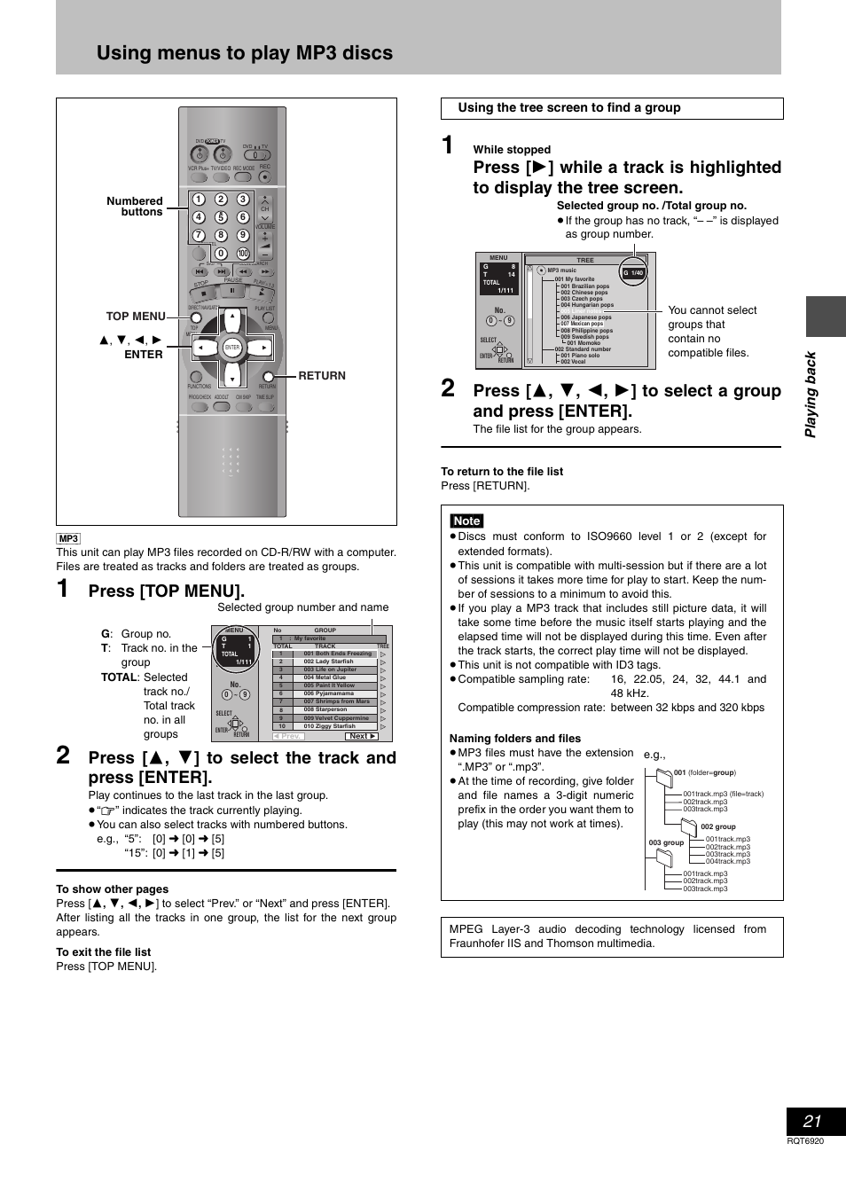 Using menus to play mp3 discs, Press [top menu, Pla y ing ba c k | Panasonic DMR E50 User Manual | Page 21 / 64