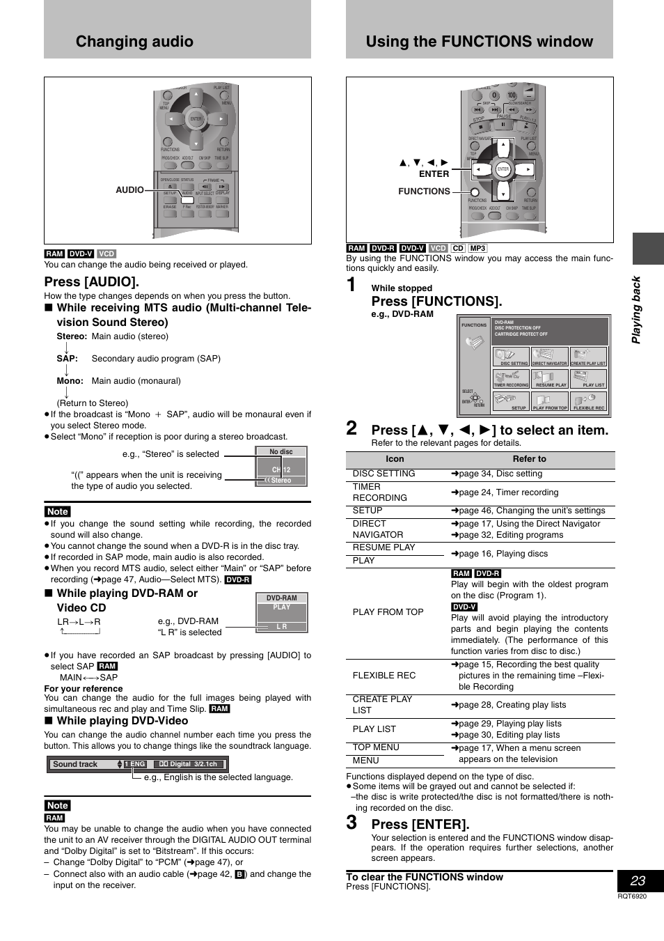 Changing audio, Using the functions window, Press [audio | Press [functions, Press [ 3 , 4 , 2 , 1 ] to select an item, Press [enter, Pla y ing ba c k, While playing dvd-ram or video cd, While playing dvd-video | Panasonic DMR E50 User Manual | Page 23 / 64