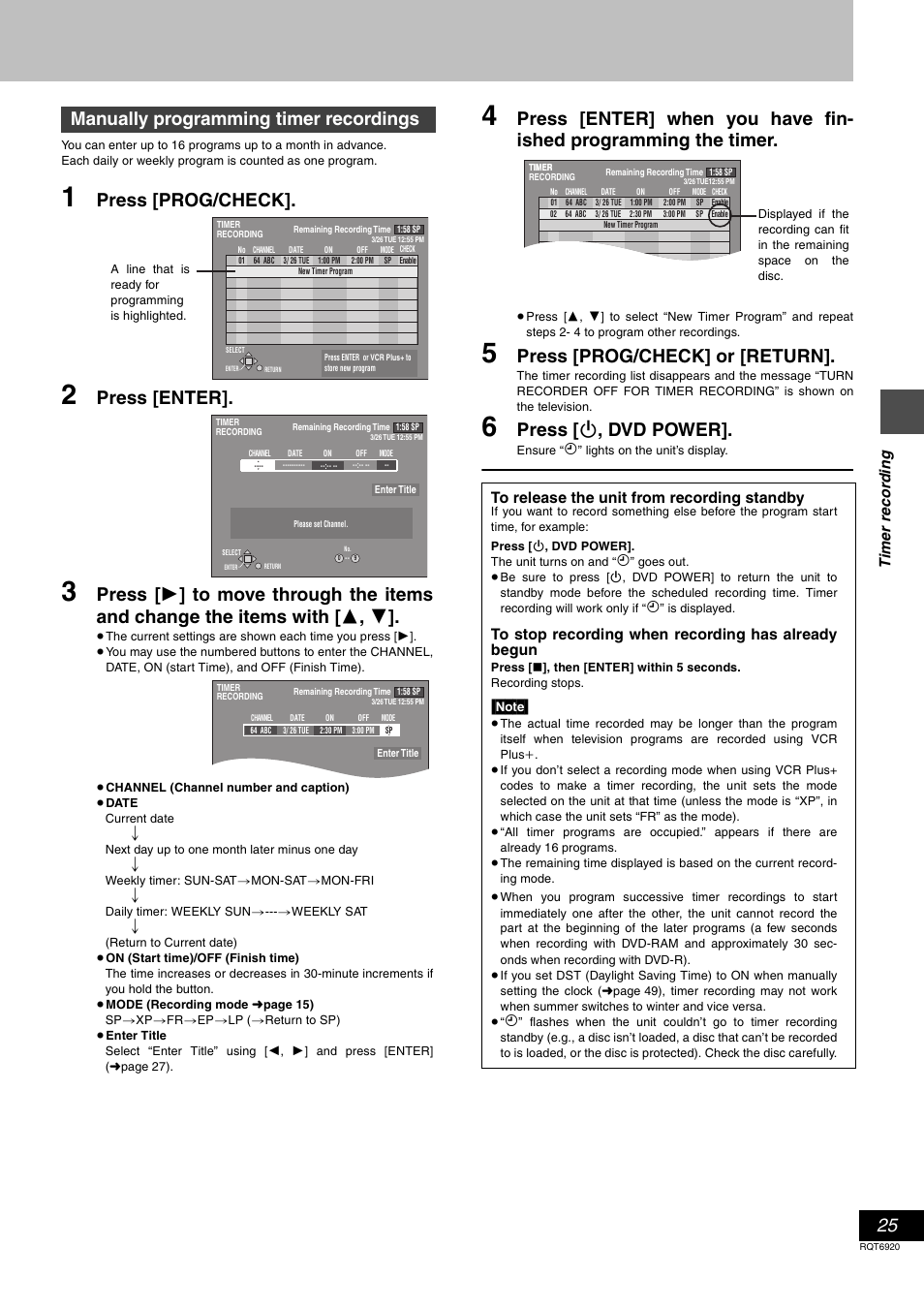 Press [prog/check, Press [enter, Press [prog/check] or [return | Press [ í , dvd power, Manually programming timer recordings | Panasonic DMR E50 User Manual | Page 25 / 64