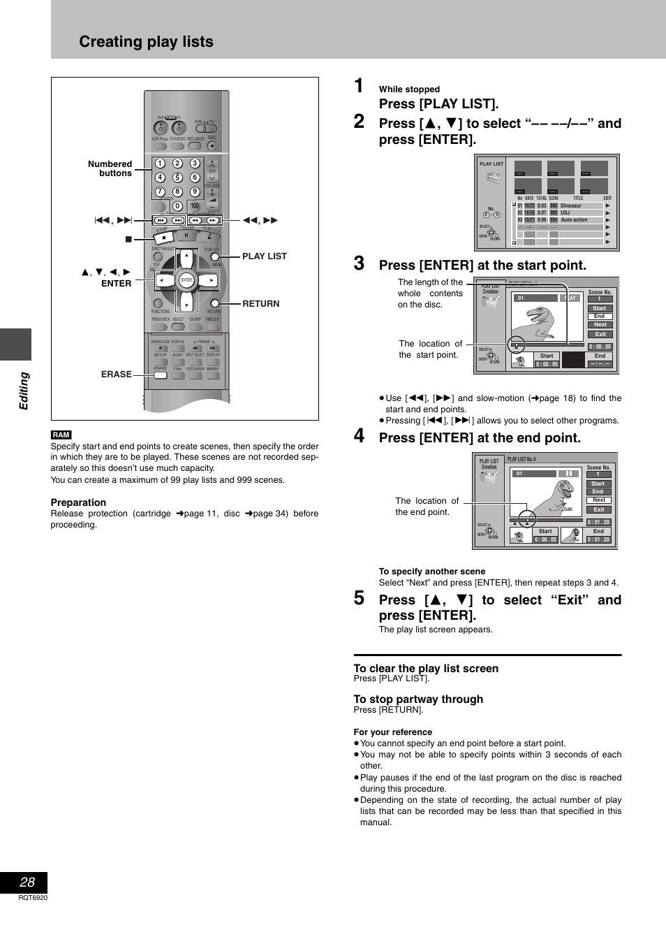 Creating play lists, Press [play list, Press [enter] at the start point | Press [enter] at the end point, Press [ 3 , 4 ] to select “exit” and press [enter, Edit ing, Preparation | Panasonic DMR E50 User Manual | Page 28 / 64