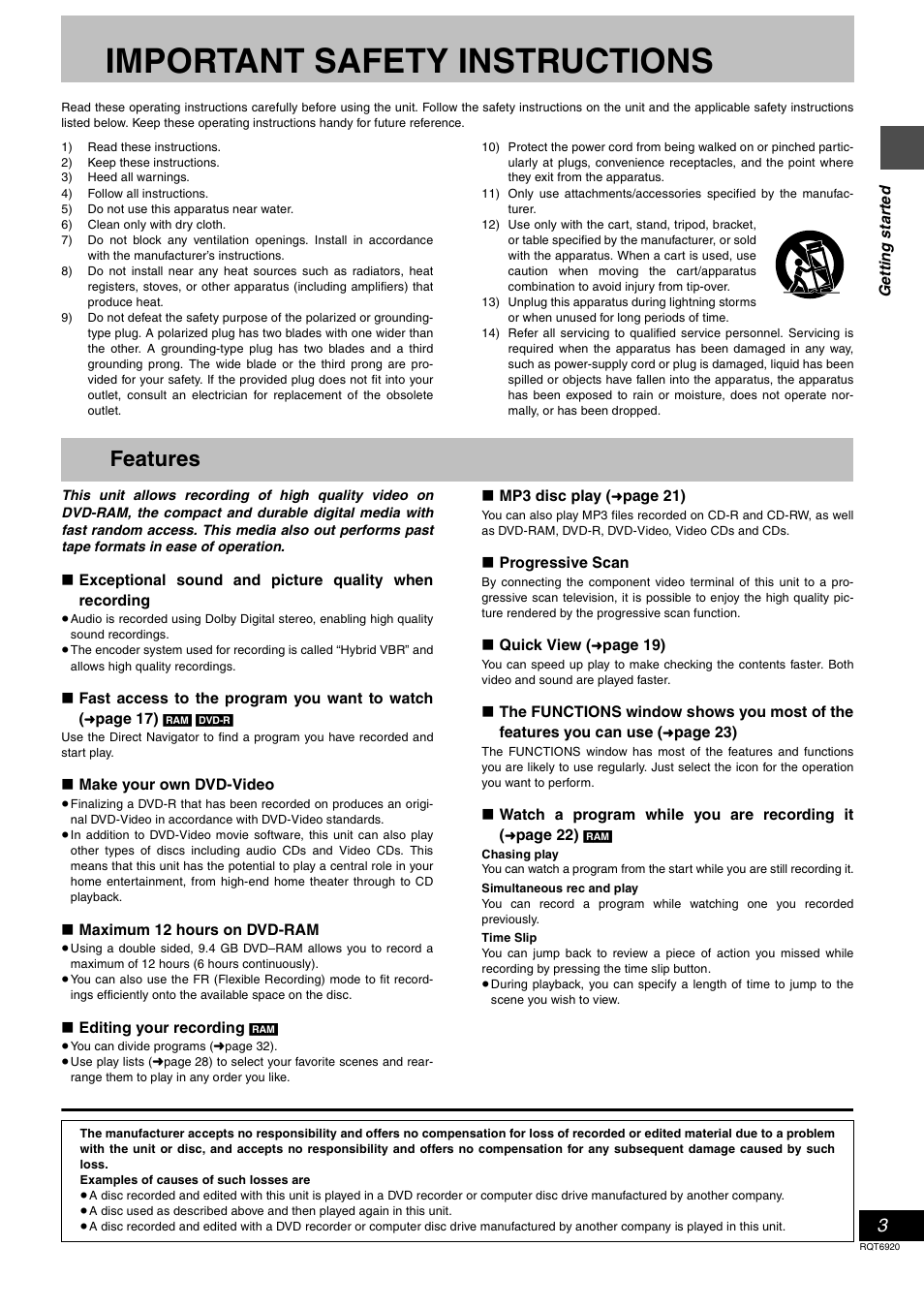 Getting started, Important safety instructions, Features | Panasonic DMR E50 User Manual | Page 3 / 64