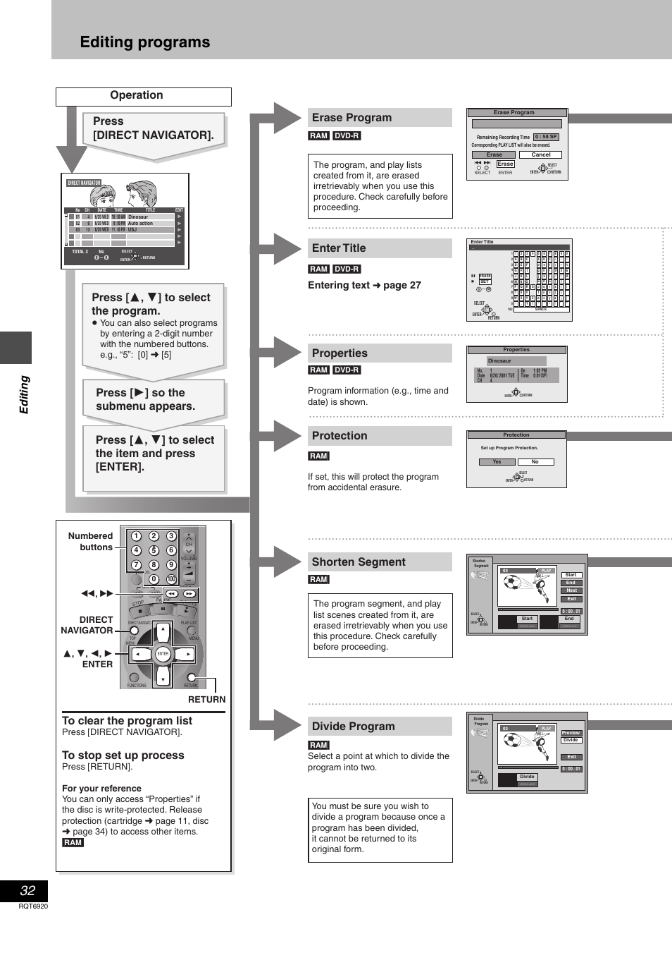 Editing programs, Erase program enter title properties, Protection | Divide program, Edit ing, Entering text, Page 27, Press [direct navigator | Panasonic DMR E50 User Manual | Page 32 / 64