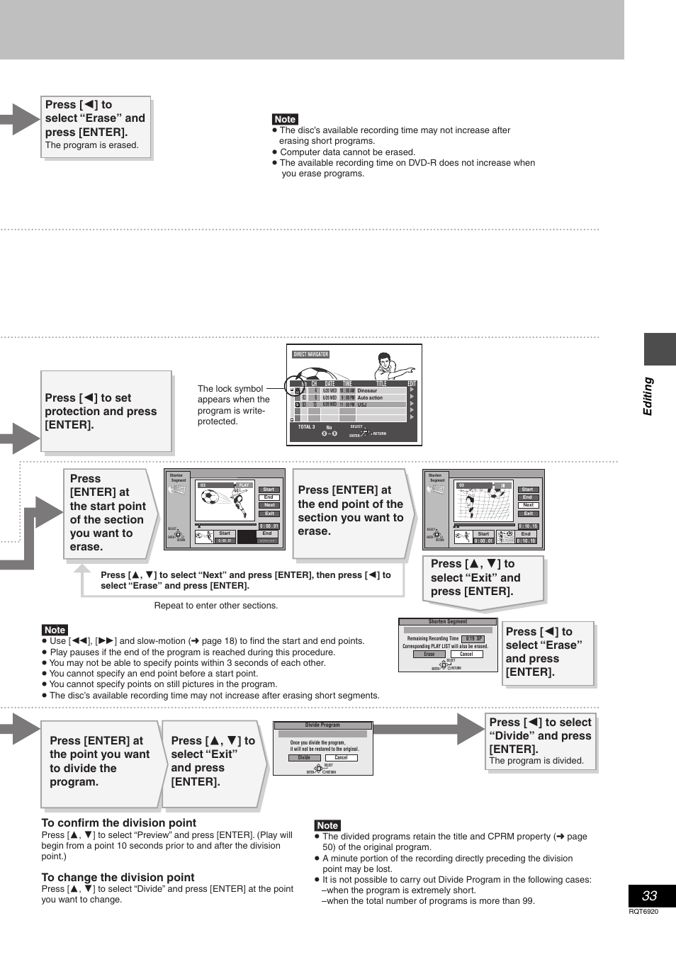 Press [ 2 ] to select “divide” and press [enter, Press [ 2 ] to select “erase” and press [enter, Edit ing | Panasonic DMR E50 User Manual | Page 33 / 64