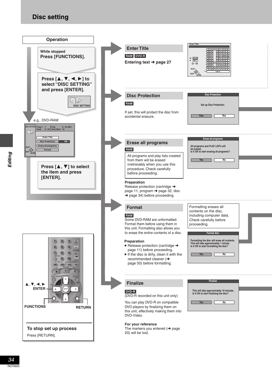 Disc setting, Enter title, Disc protection format finalize | Operation to stop set up process, Erase all programs, Press [functions, Edit ing, Entering text ➜ page 27, Ram] [dvd-r, Press [return | Panasonic DMR E50 User Manual | Page 34 / 64