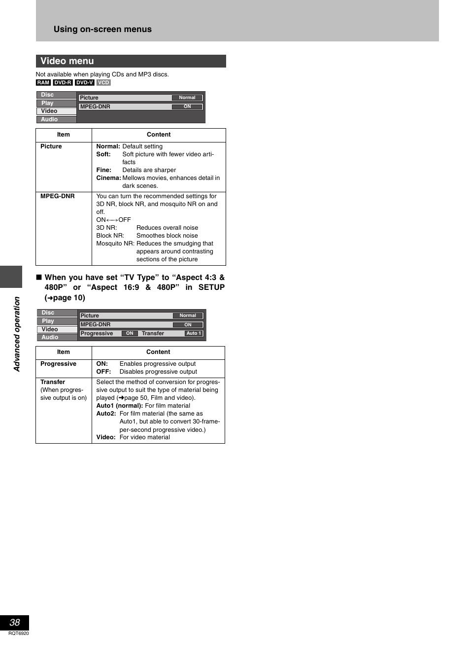 Video menu, Using on-screen menus | Panasonic DMR E50 User Manual | Page 38 / 64