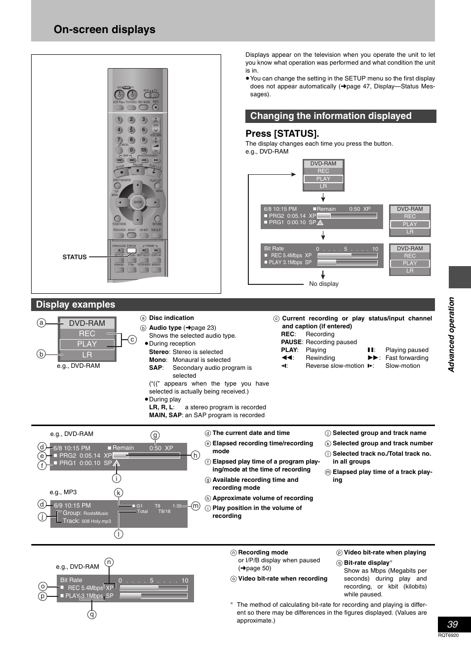 On-screen displays, Press [status, Changing the information displayed | Display examples, Ab c, Dl m, O p n q, Ad v a nc e d ope ra tion, Rec lr dvd-ram, Play | Panasonic DMR E50 User Manual | Page 39 / 64