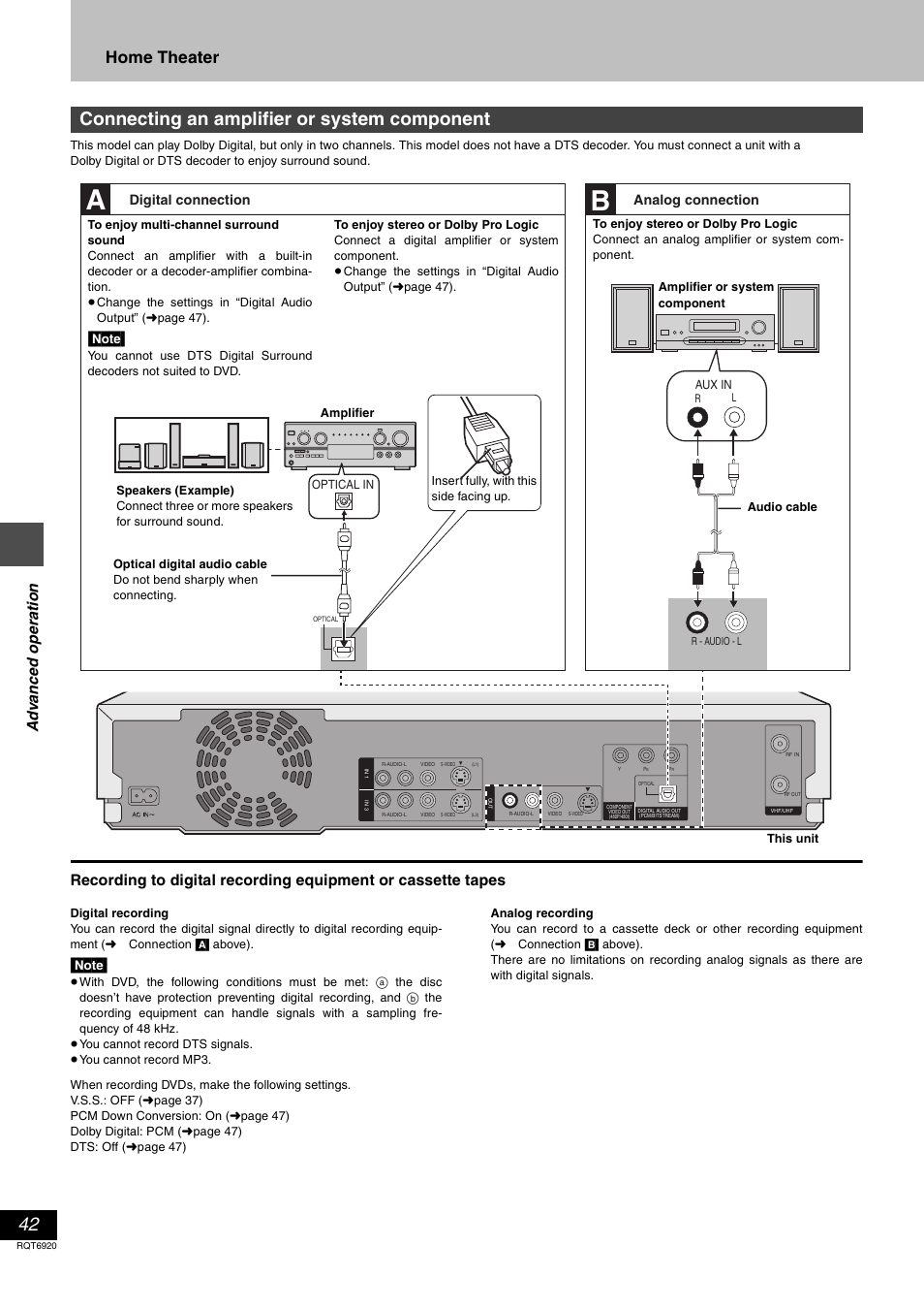 Connecting an amplifier or system component, Home theater, Ad v a nc e d ope ra tion | Panasonic DMR E50 User Manual | Page 42 / 64